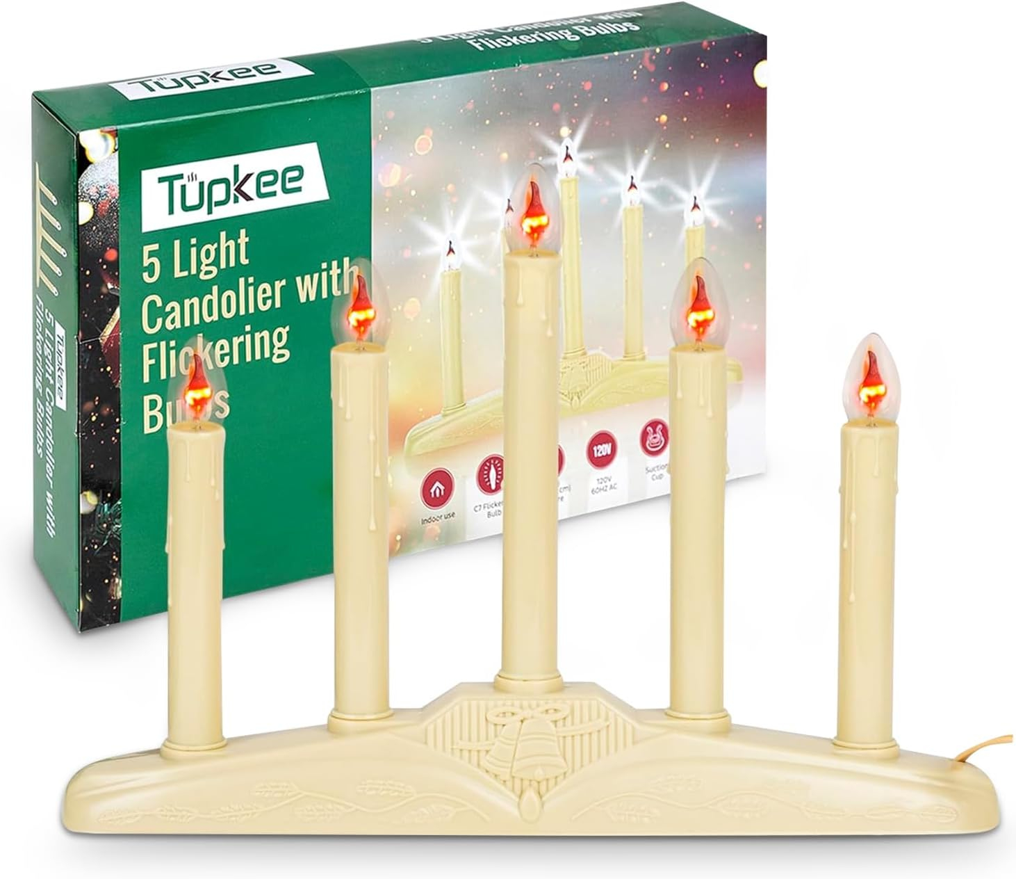 Tupkee Christmas Candolier Window Candles  with Flickering Bulbs  5-Lights Indoor -Flameless Electric Window Candles Candelabra