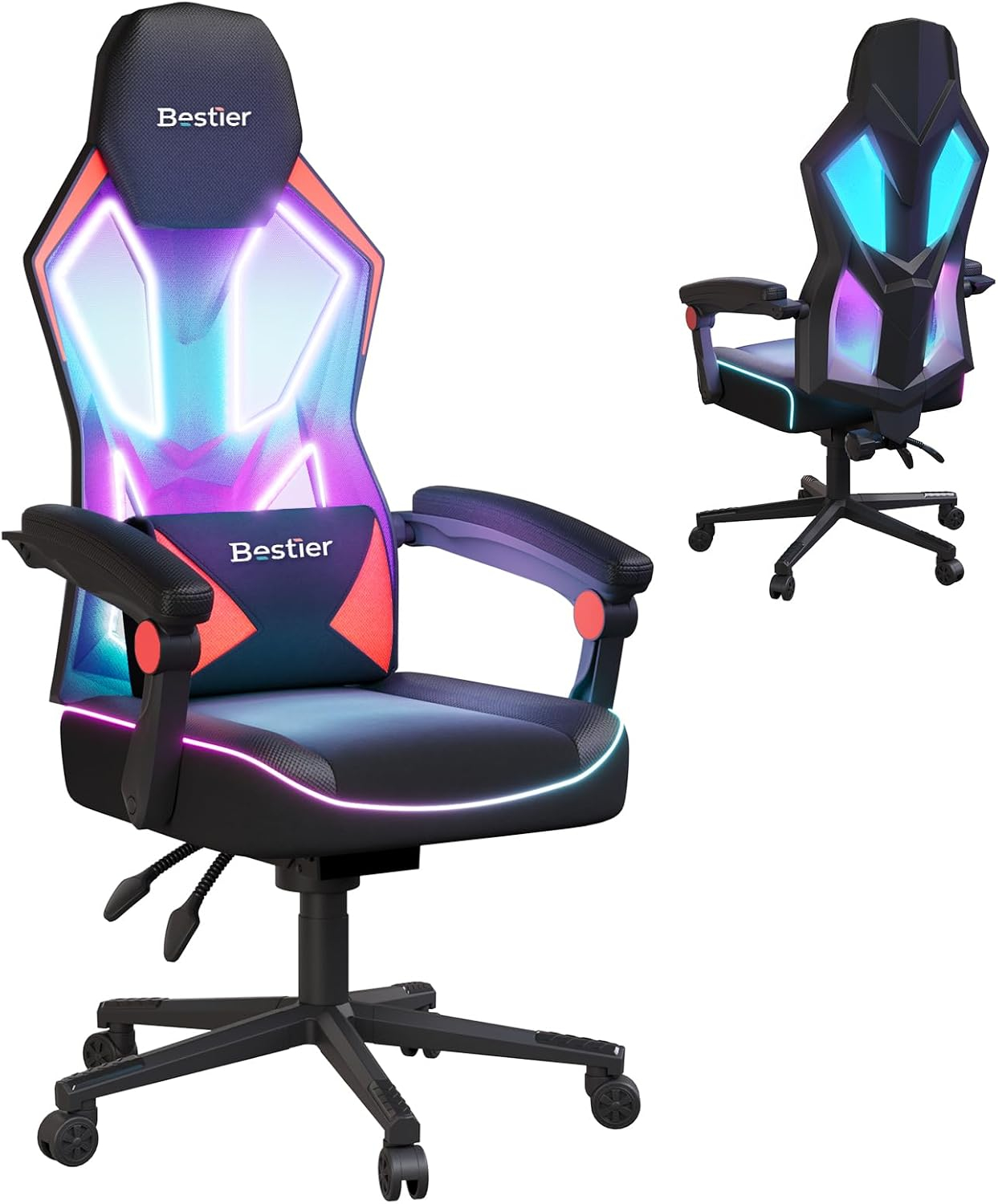 Bestier Black Red LED Gaming Chair with Breathable Fabric