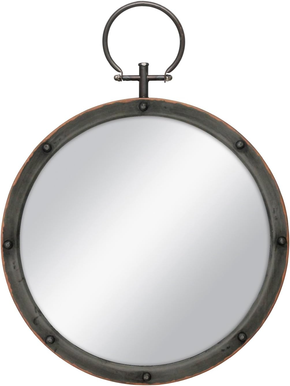 Stonebriar Round Rustic Bronze Metal Mirror with Rivet Detail & Hanging Ring for Wall, Industrial Home Décor, 21.1" x 15.7"