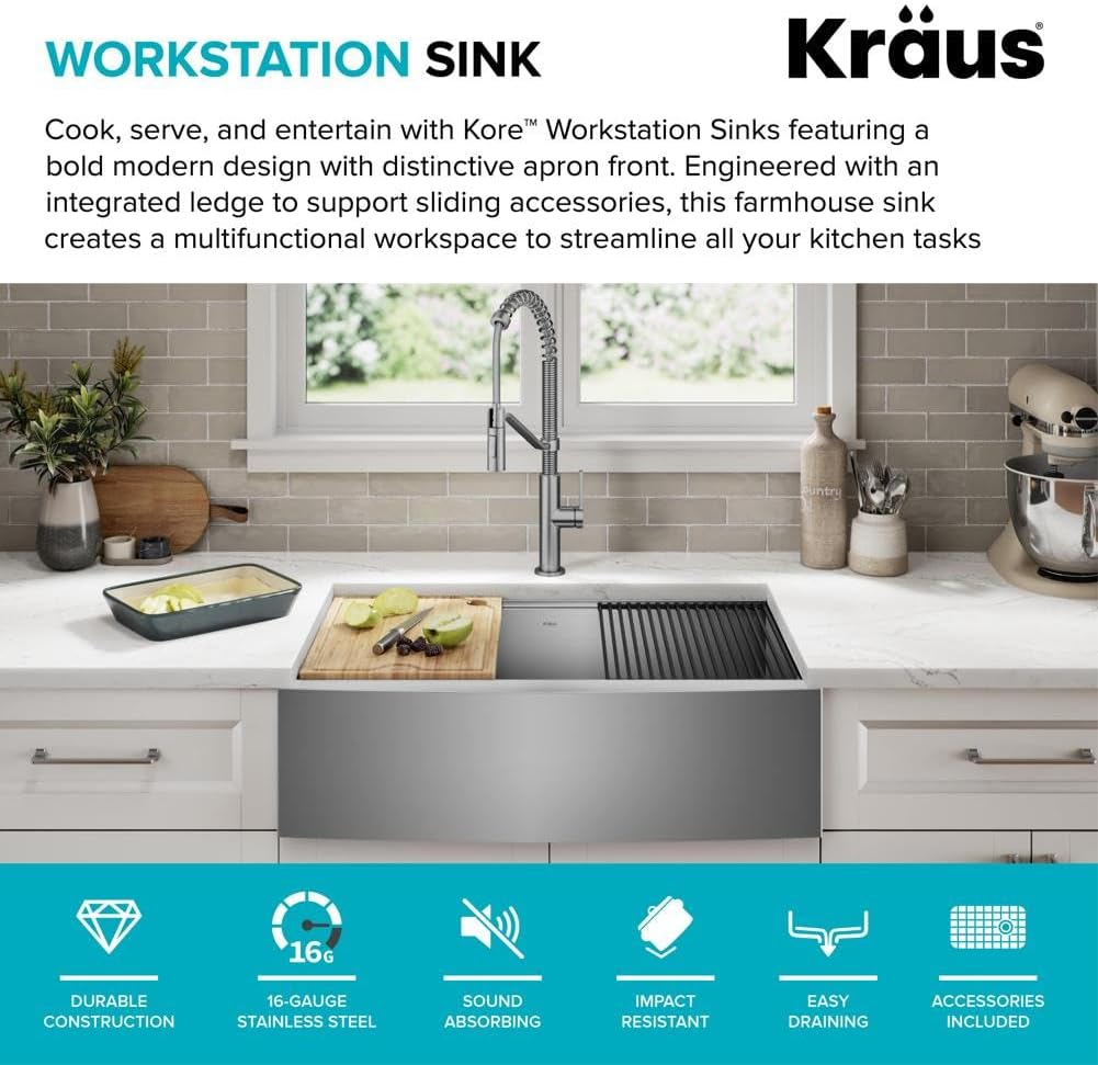 KRAUS Kore™ Workstation 33-inch 16 Gauge Stainless Steel Single Bowl Farmhouse Kitchen Sink with Accessories