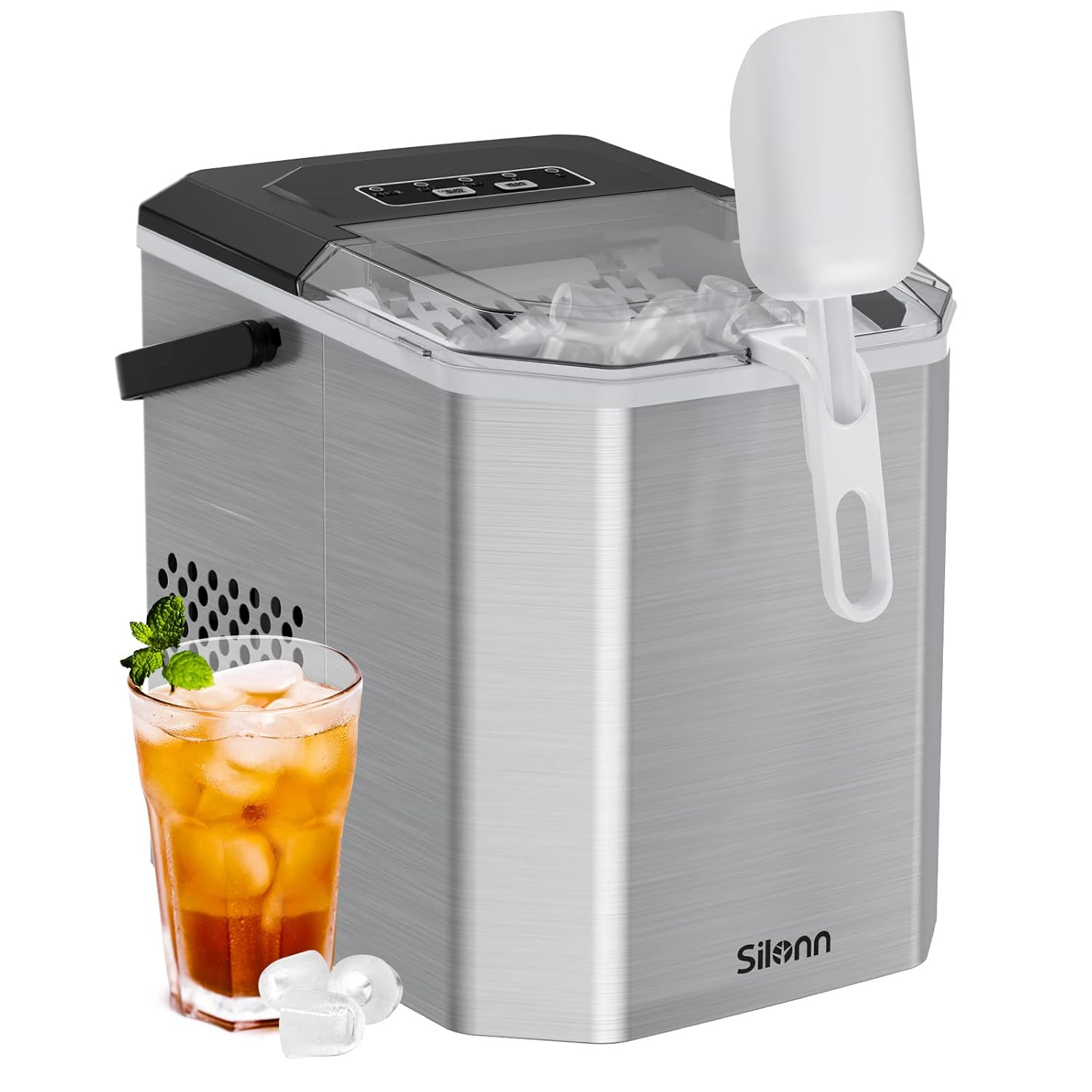 Silonn Ice Maker Countertop, Portable Ice Machine with Carry Handle, Self-Cleaning Ice Makers with Basket and Scoop, 9 Cubes in 6 Mins, 26 lbs per Day, Ideal for Home, Kitchen, Camping, RV