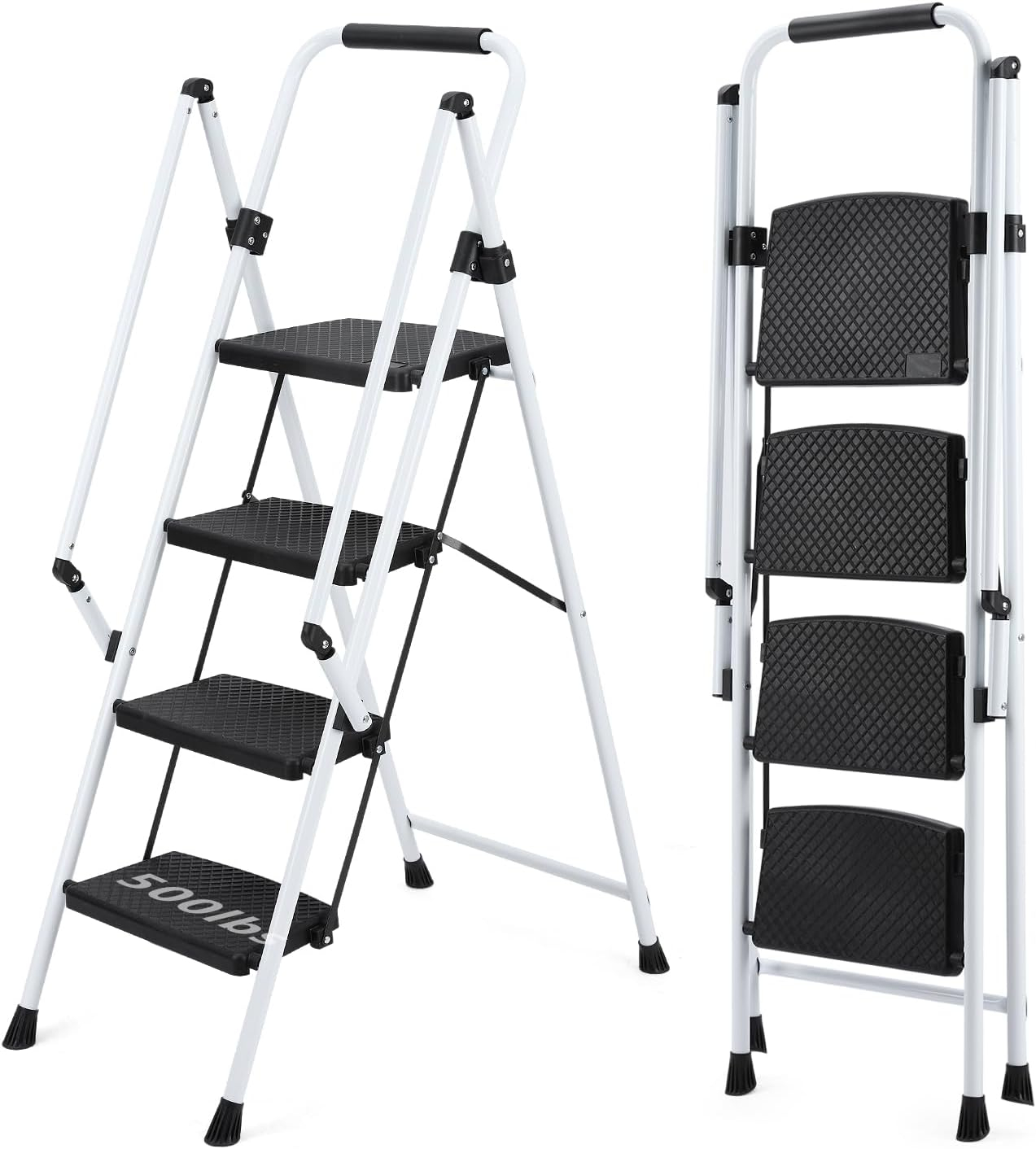 White Four-Step Ladder, Light Folding Four-Step Stool, Wide Anti-Skid Pedal and Safety Handle, Strong Steel Ladder, Multi-Purpose Ladder, Applicable to Family, Kitchen, Office Elevator