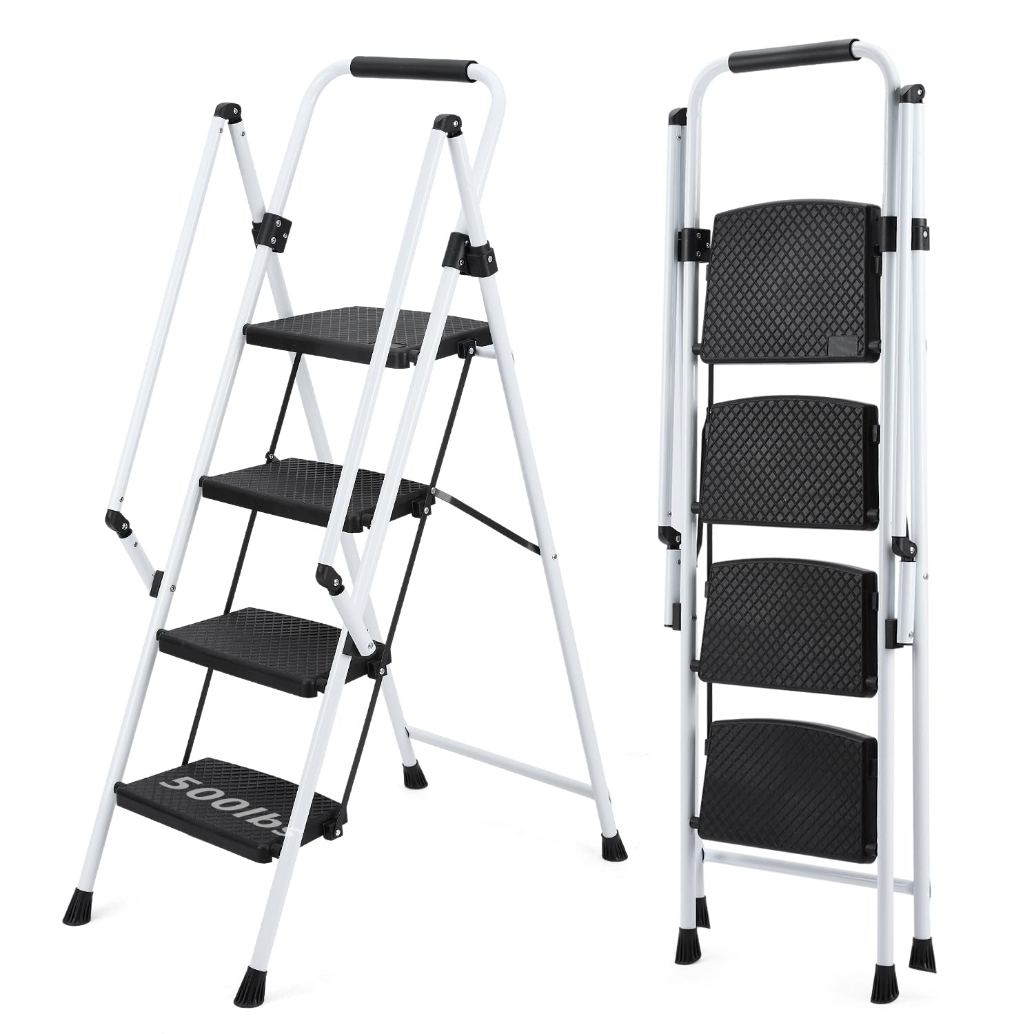 White Four-Step Ladder, Light Folding Four-Step Stool, Wide Anti-Skid Pedal and Safety Handle, Strong Steel Ladder, Multi-Purpose Ladder, Applicable to Family, Kitchen, Office Elevator