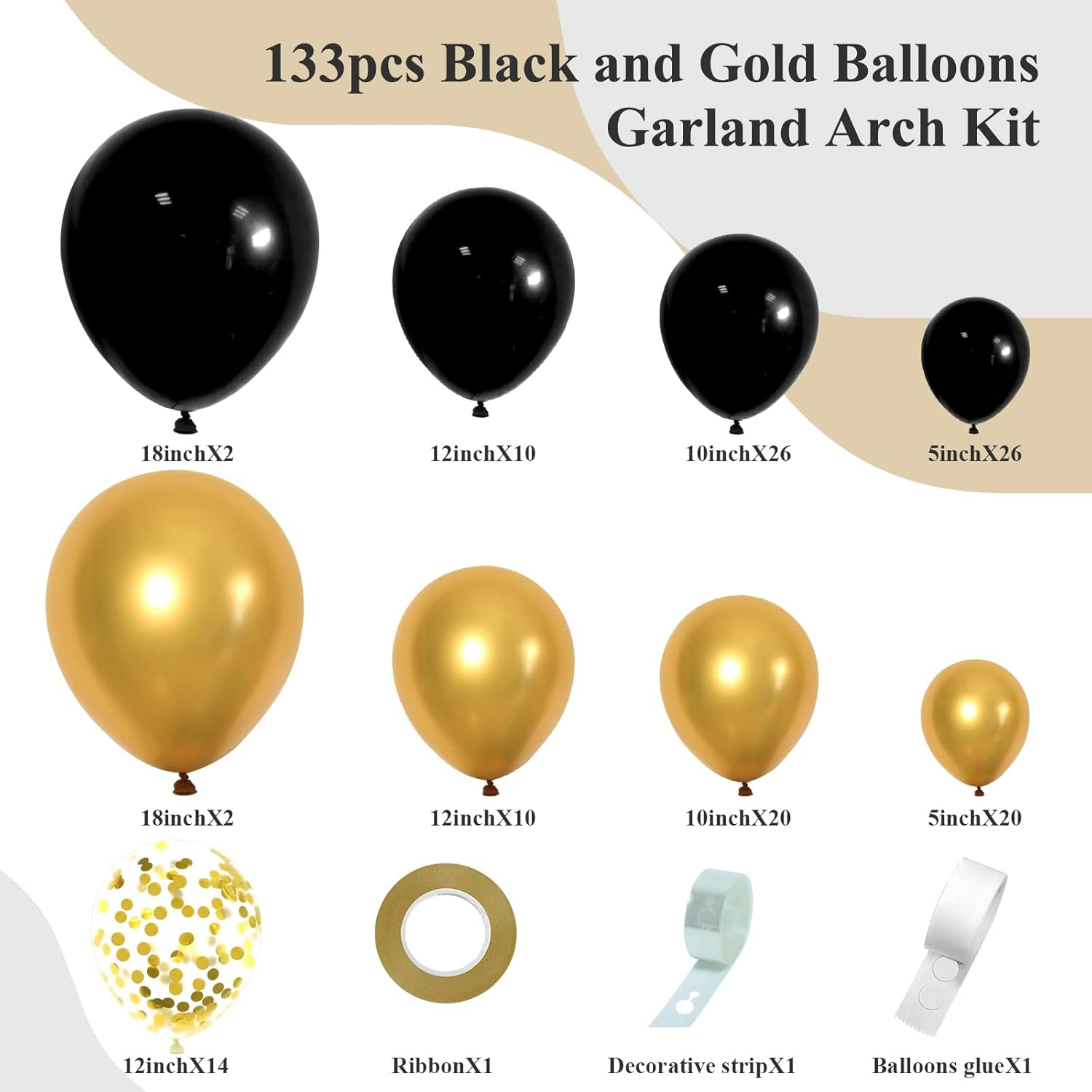 133pcs Black and Gold Balloons Garland Arch Kit with Metallic Gold Confetti Balloons, 5 10 12 18 Inch Black Gold Latex Balloons for Graduation Birthday Wedding Party Decorations