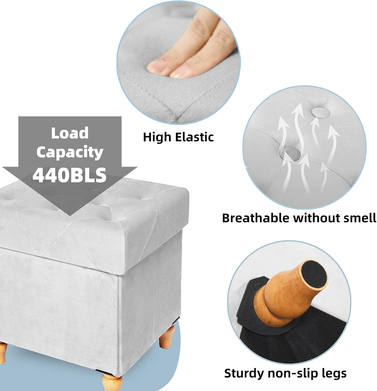 CAROLMADE Folding Storage Ottoman Cube Velvet Footstool with Wood Legs Ottoman Footrest for Living Room and Bedroom Brown, Grey 15"x12.6"x15.4”