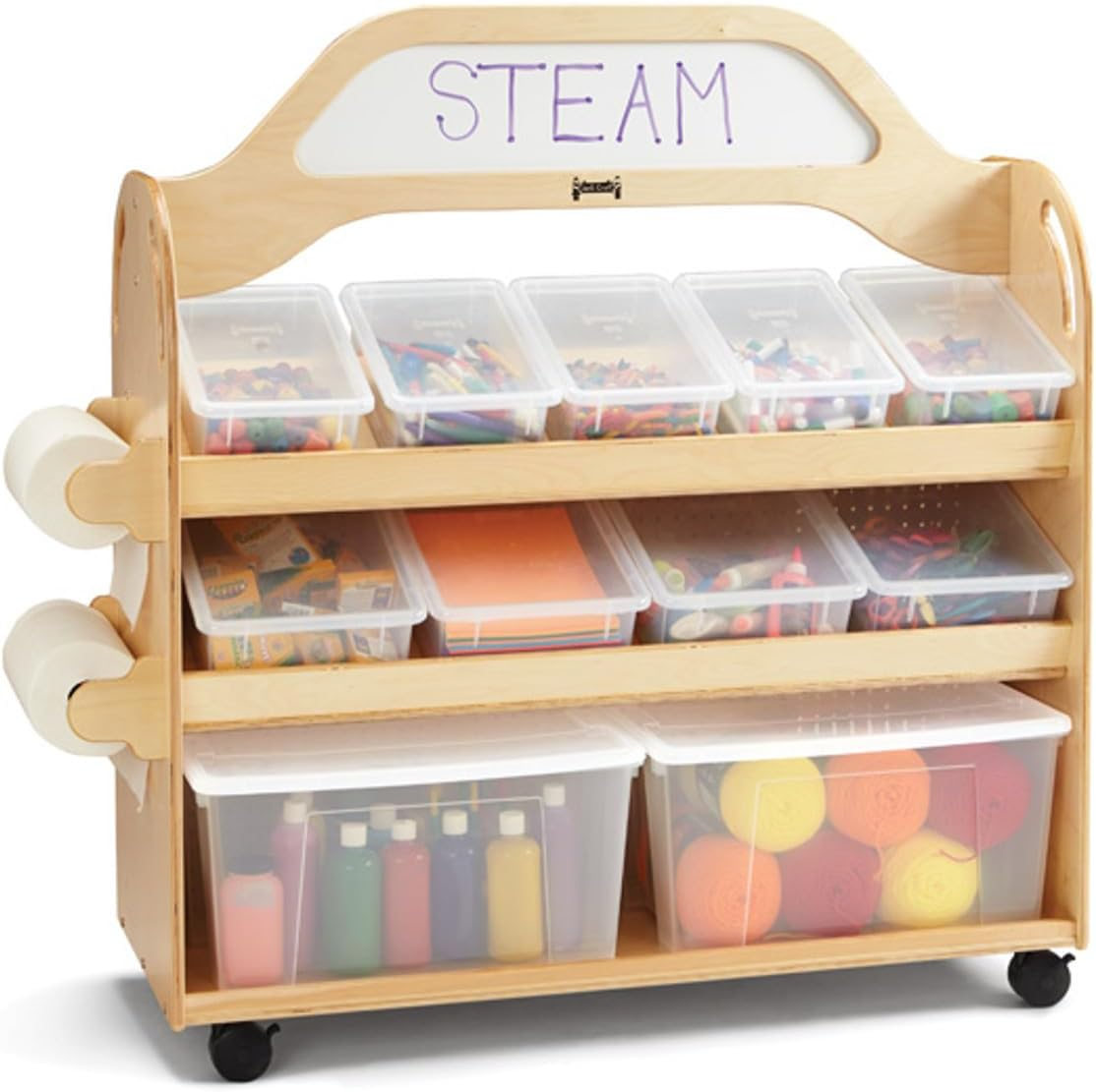 Natural Wood Acrylic Mobile Cart with Clear Storage Bins