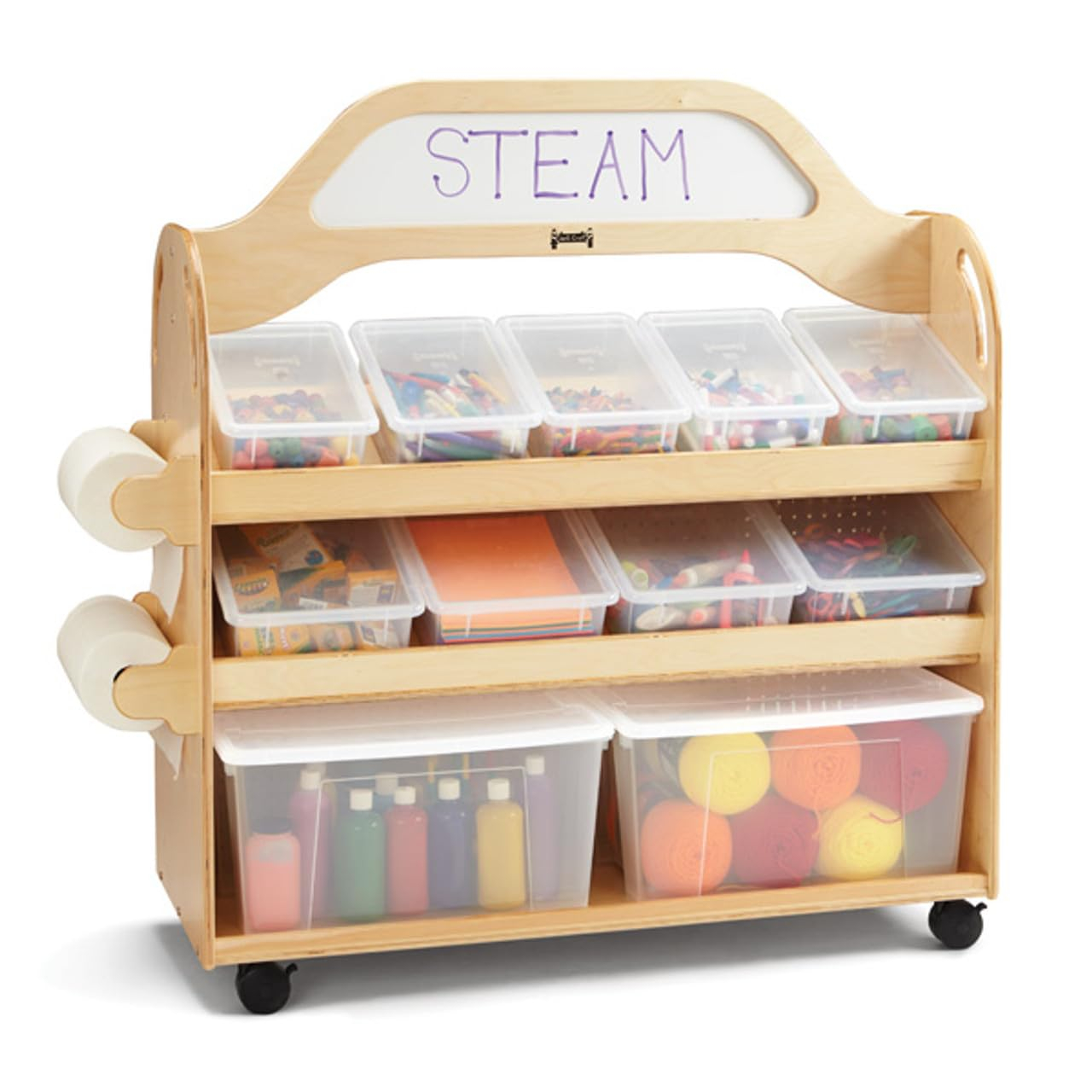 Natural Wood Acrylic Mobile Cart with Clear Storage Bins