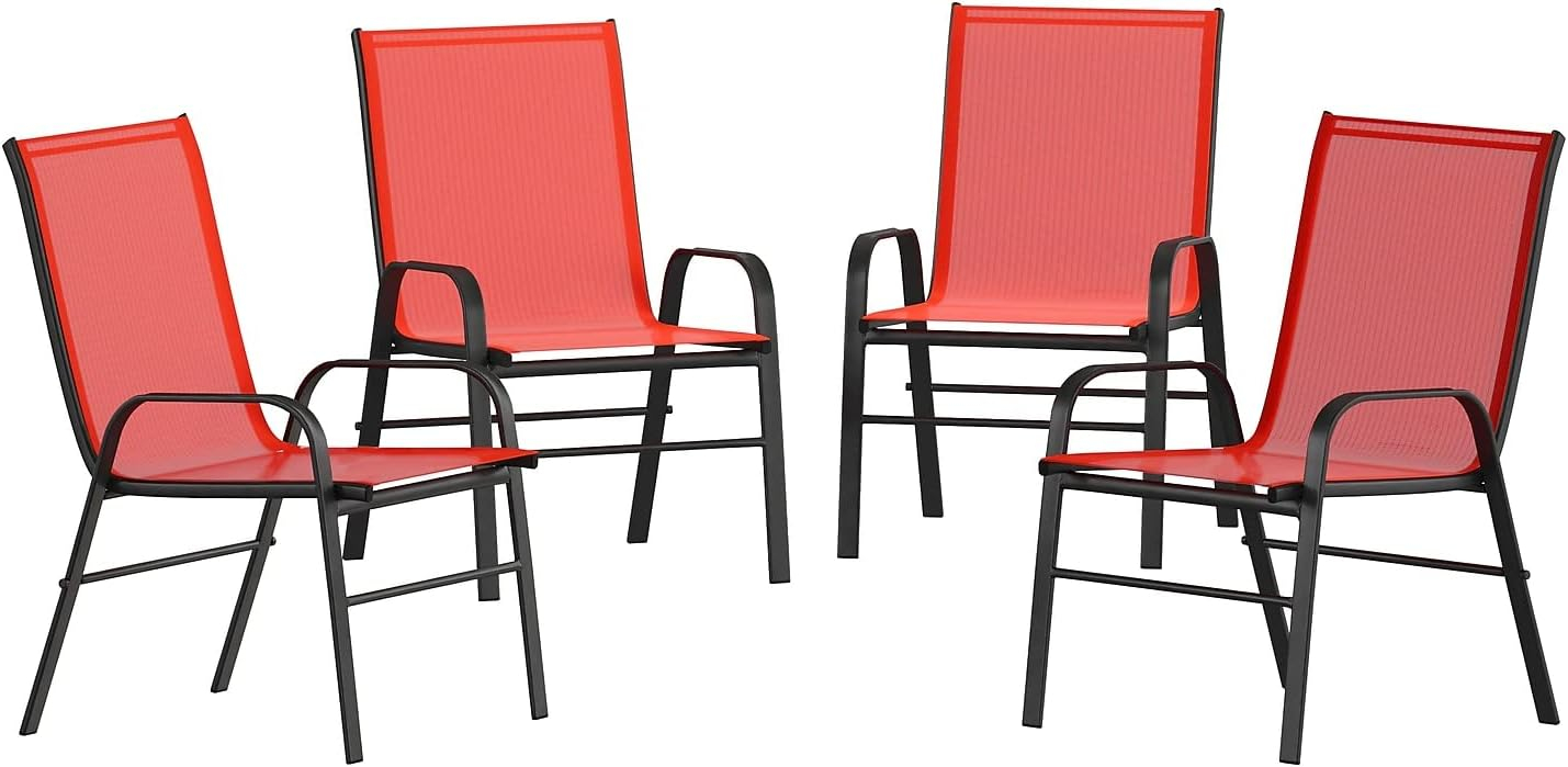 Flash Furniture Brazos Metal Patio Stack Chair in Red (Set of 4)