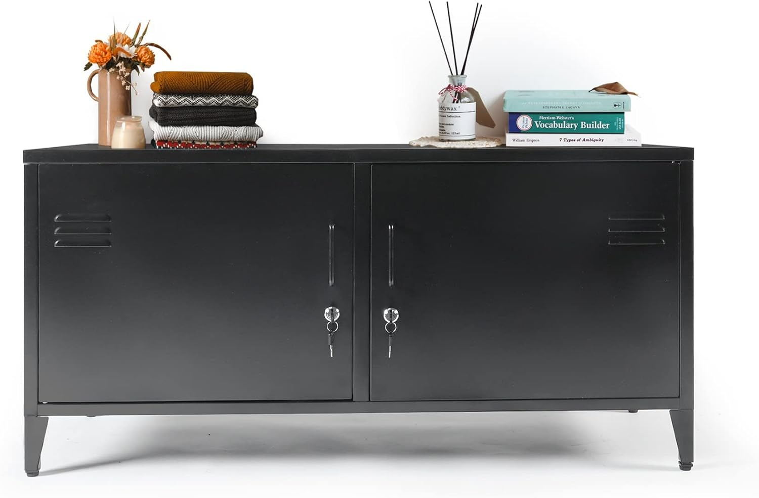 HOPUBUY Metal Storage Cabinet with Lock, Steel Locker Cabinet with Removable Shelves and 2 Locking Doors, Black Storage Cabinets for Home, Garage, Office, Bedroom