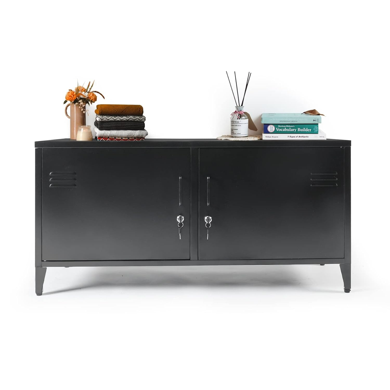 HOPUBUY Metal Storage Cabinet with Lock, Steel Locker Cabinet with Removable Shelves and 2 Locking Doors, Black Storage Cabinets for Home, Garage, Office, Bedroom