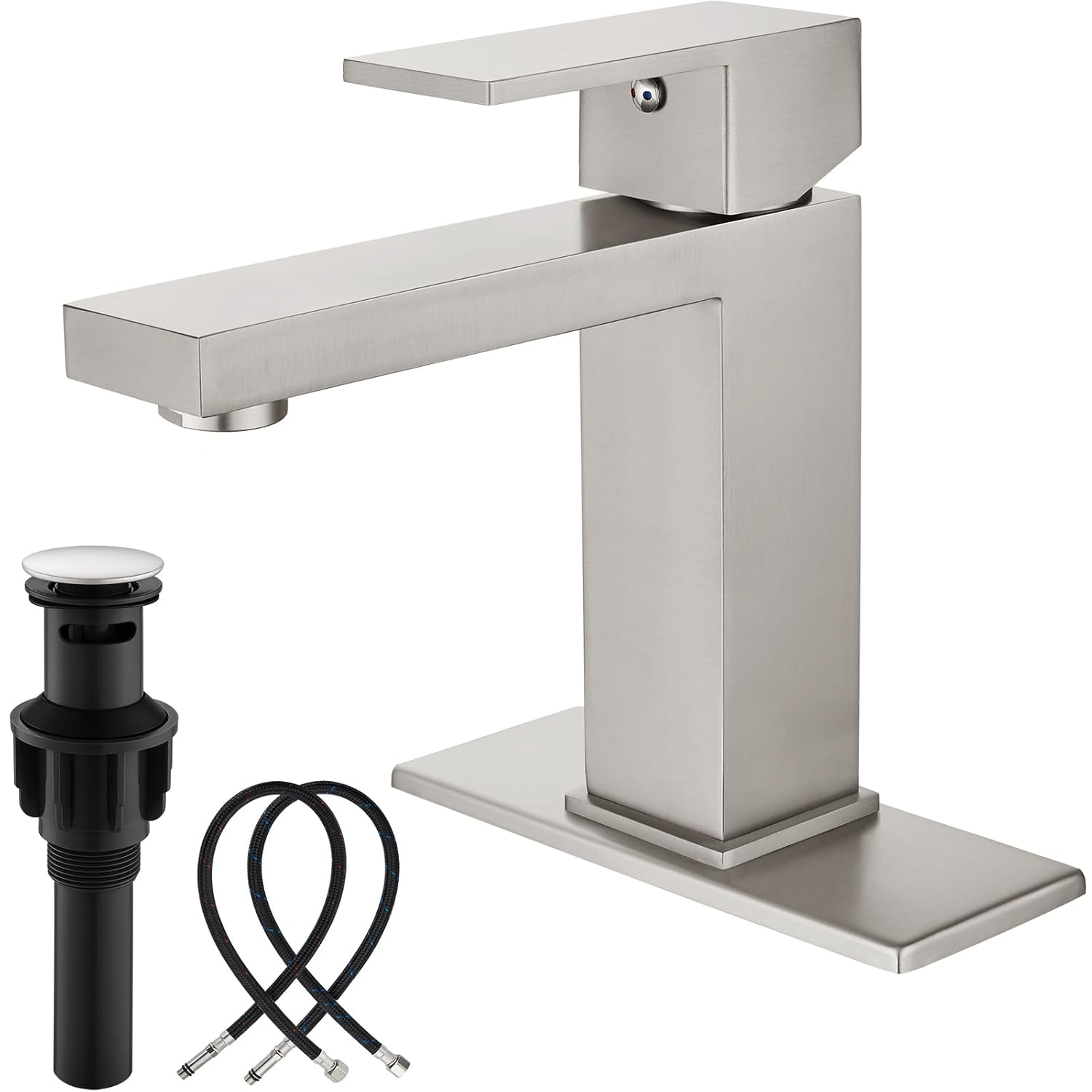 Midanya Bathroom Faucet 1 Hole, Single Handle Stainless Steel Bathroom Sink Faucet, Modern Vanity Faucets with Deck Plate,Water Supply Hoses and Pop Up Drain,Brushed Nickel