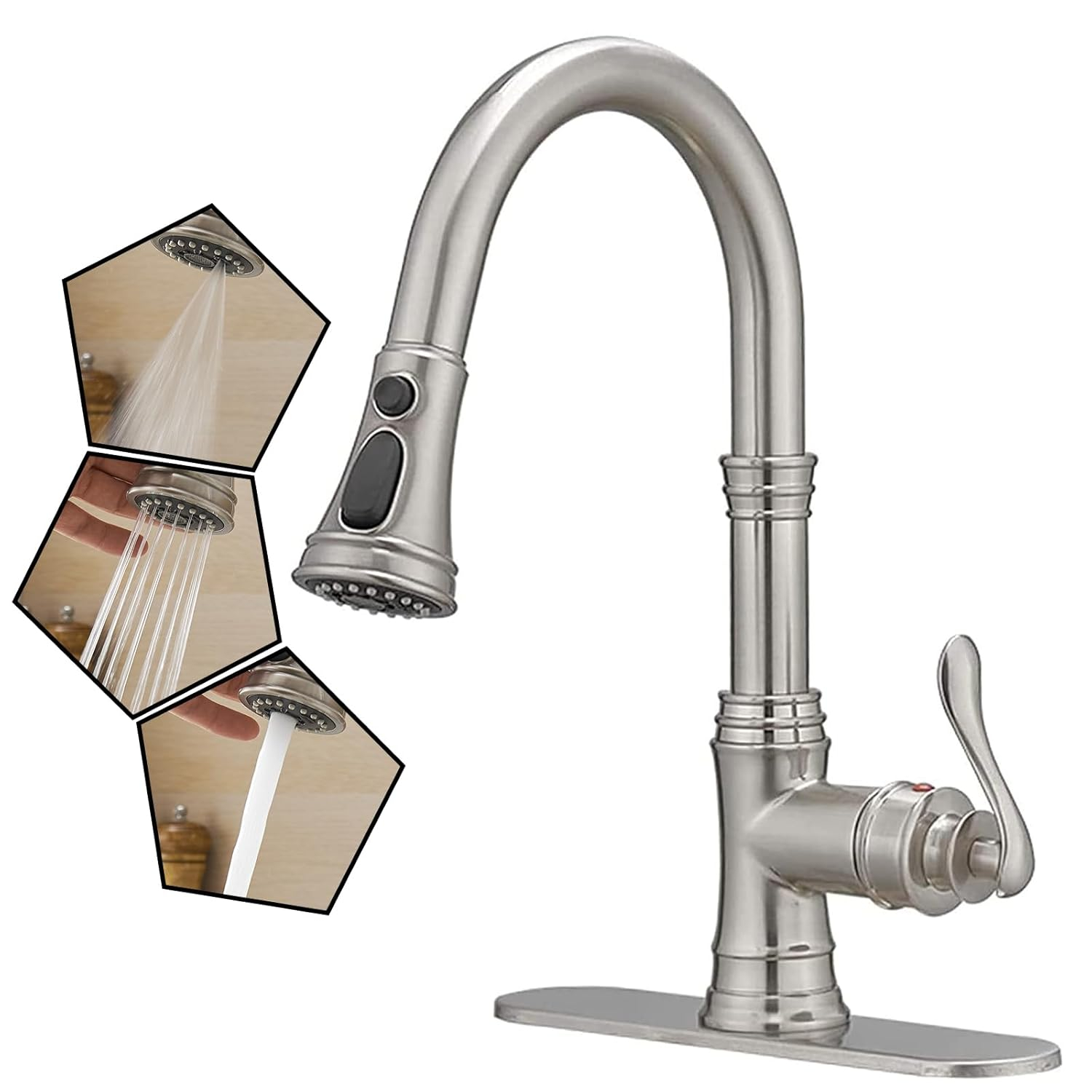 Kitchen Sink Faucet Brushed Nickel with Pull Down Sprayer 3 Mode Faucet for Kitchen Sink Single Handle High Arc Commercial Stainless Steel Pull Out RV Kitchen Faucet Bar,Deck Plate Include