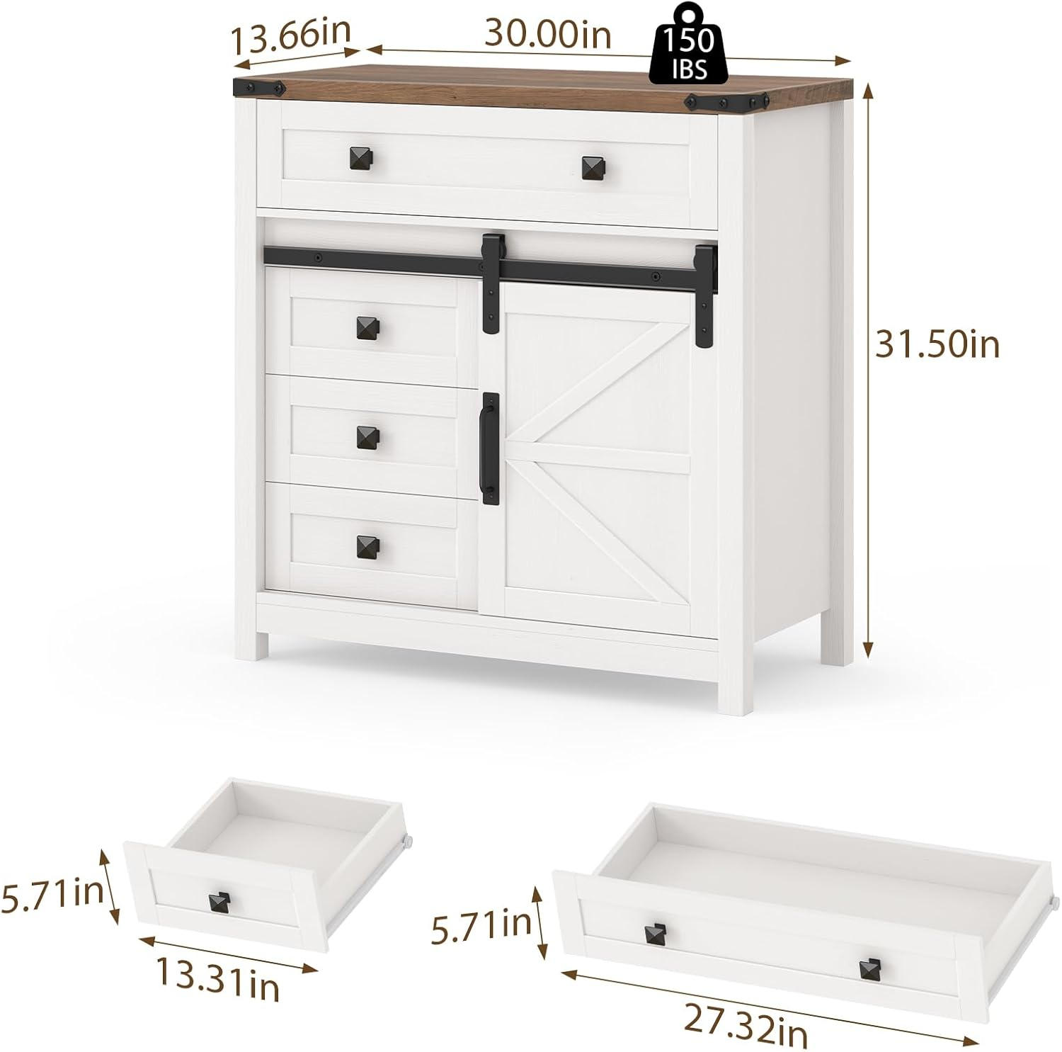 Farmhouse Storage Cabinet, Bathroom Cabinet with Sliding Barn Doors, Floor Storage Cabinet with Adjustable Shelves and 4 Drawers for Kitchen, Living Room, Dining Room, Modern White