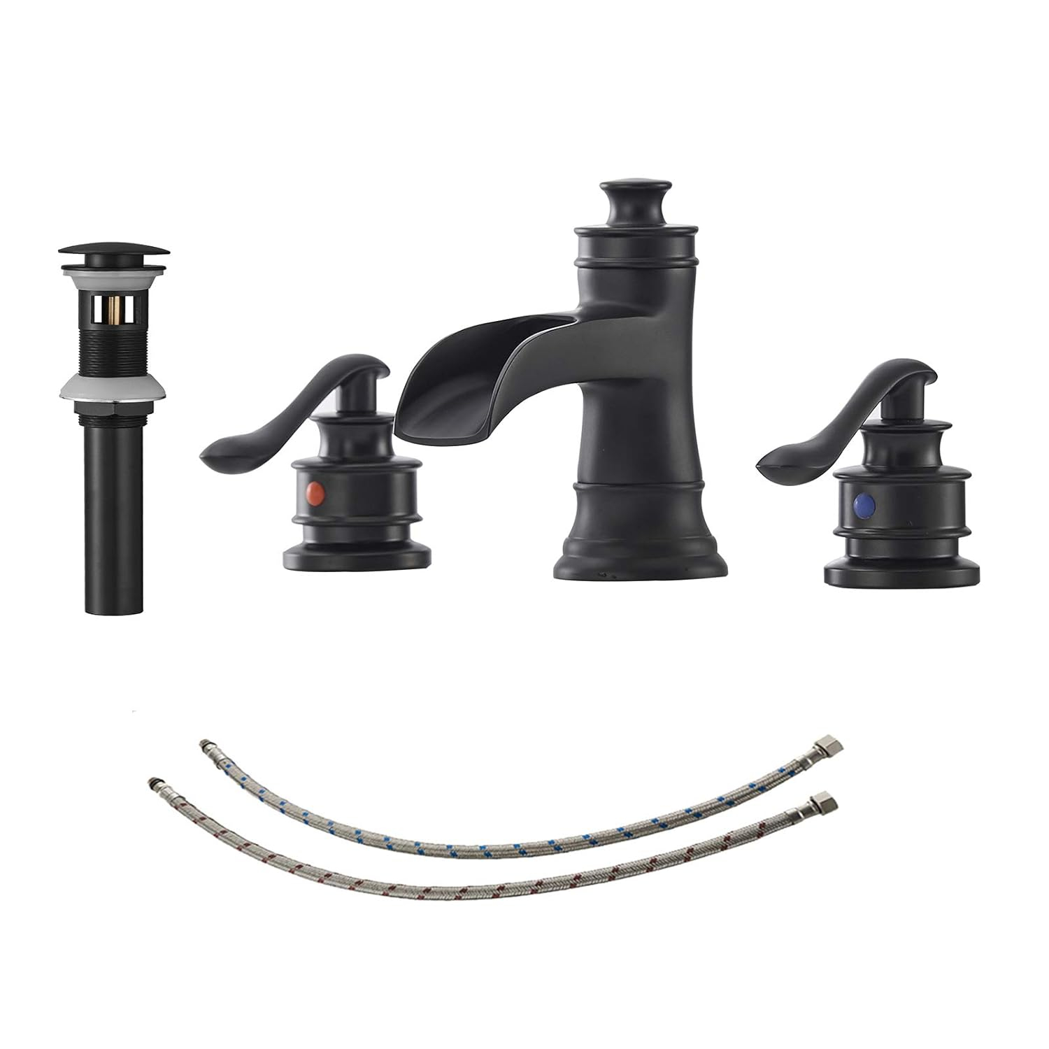 Black Bathroom Faucet Widespread Bathroom Faucets for Sink 3 Hole Matte Black 8 Inch Two Handle Matching Pop Up Drain Stopper Waterfall Farmhouse Lavatory Water Supply Line by Bathfinesse