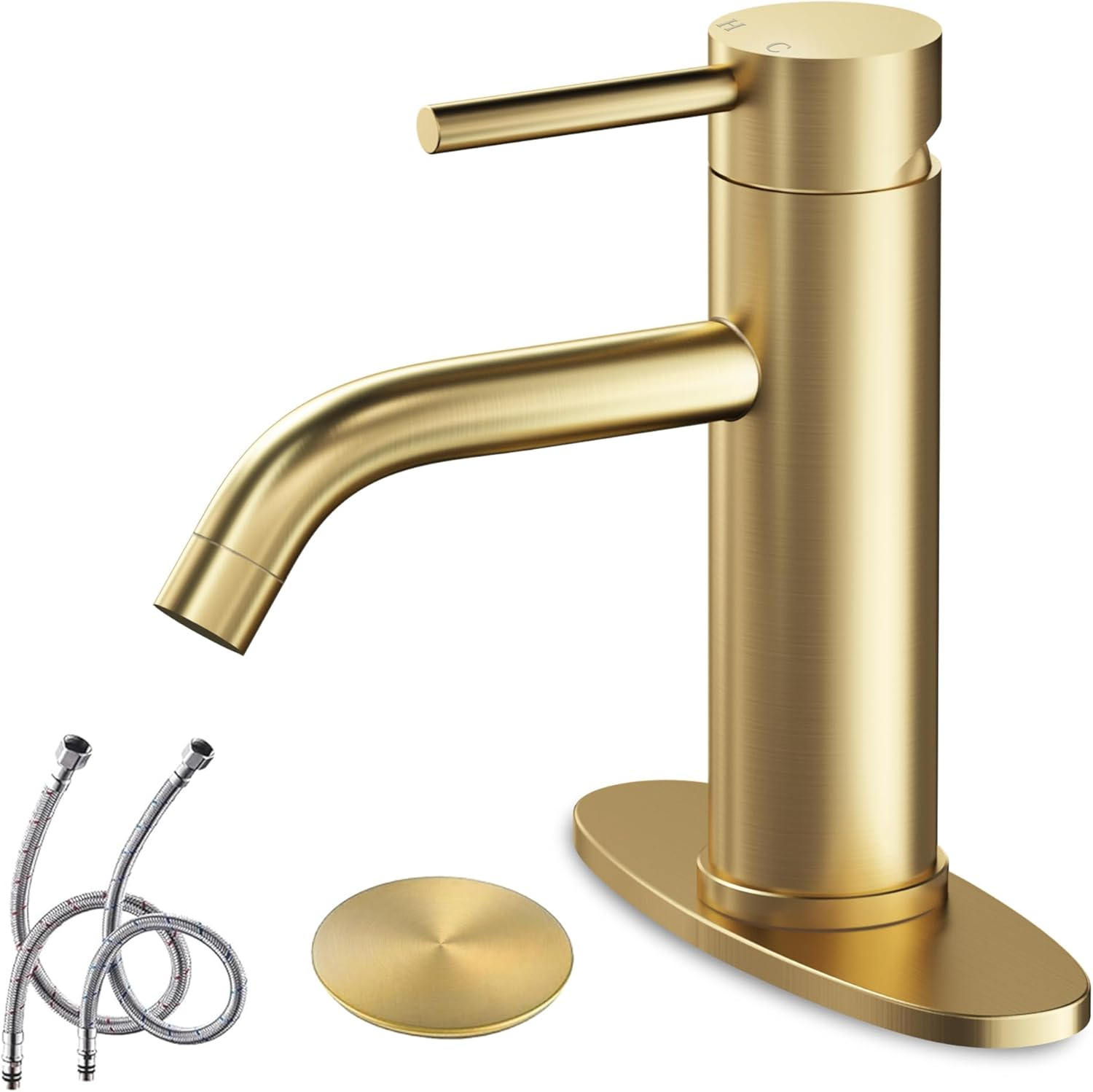 Brushed Gold Bathroom Faucet Gold Bathroom Sink Faucet Single Handle Gold Bathroom Faucet Modern Single Hole Faucet Bathroom with Pop-up Sink Drain Stopper & Deck Plate 1 or 3 Hole Bathroom Faucet