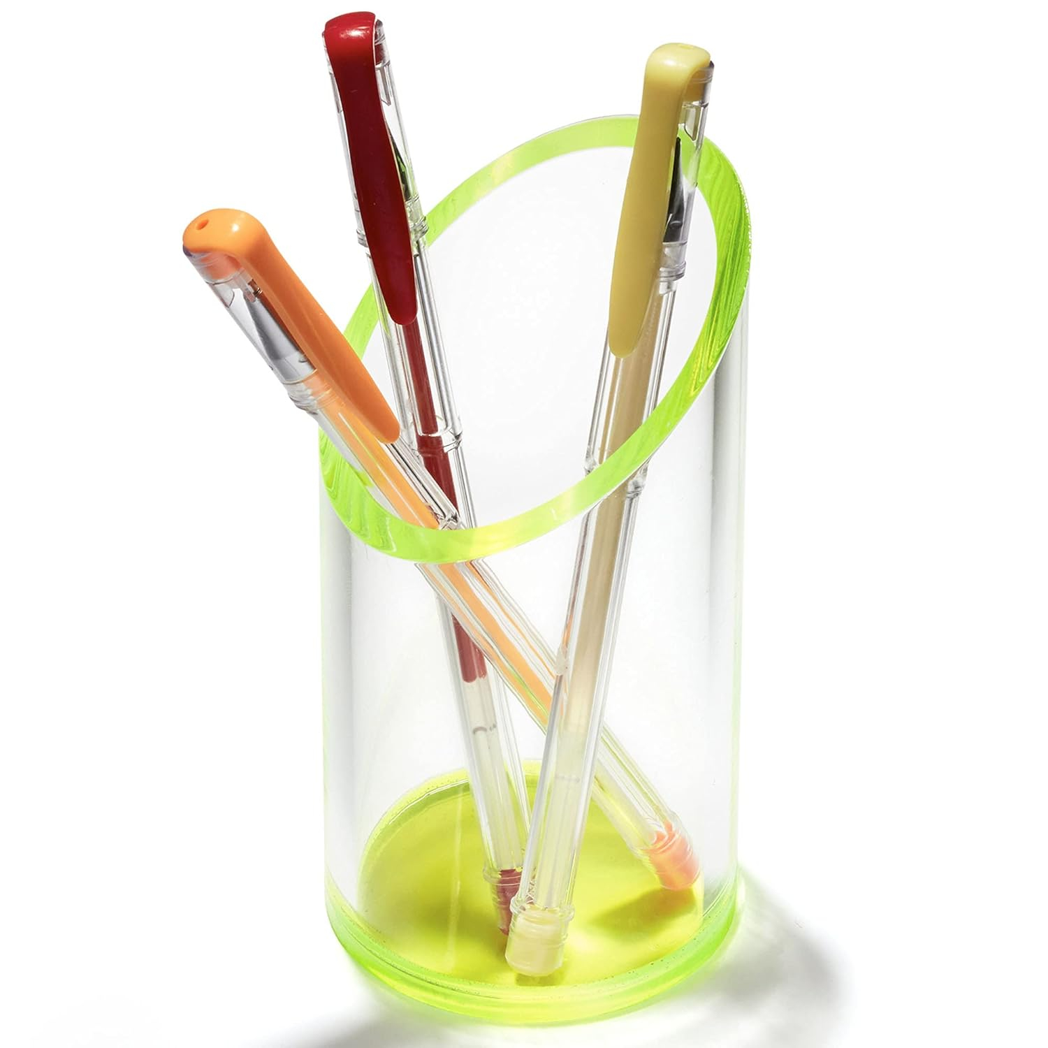 OfficeGoods Acrylic Pen and Pencil Holder with Neon Green Accents Home Office Desk Accessories