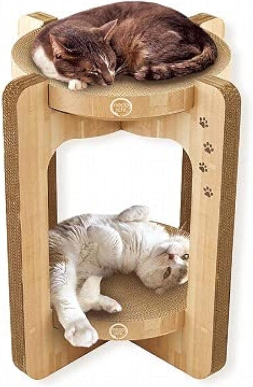 Necoichi Cat Scratcher Tower for Indoor Cats - Cat Scratching Post Lounger with Reversible Usability and Extra Comfort for Lounge, Cardboard Bed Couch / (Regular, Oak)