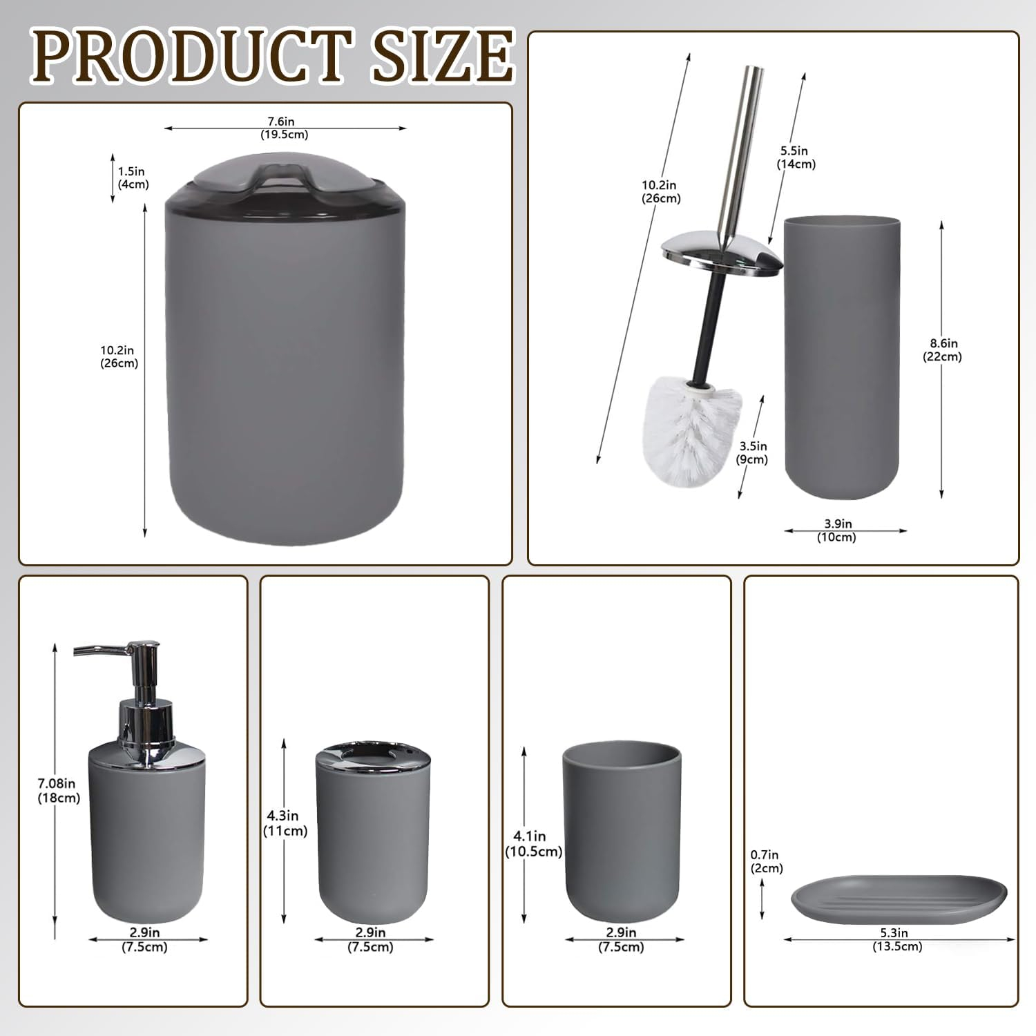 CERBIOR Bathroom Accessories Set Bath Ensemble Includes Soap Dispenser, Toothbrush Holder, Tumbler, Soap Dish for Decorative Countertop and Housewarming Gift (Grey)