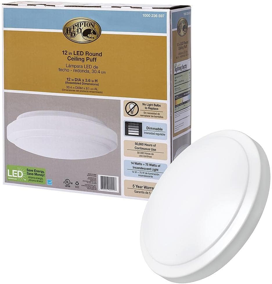 Hampton Bay 12 in. Round LED Flush Mount Light Pantry Laundry Closet Light 1000 Lumens Dimmable 4000K Bright White, 54074391