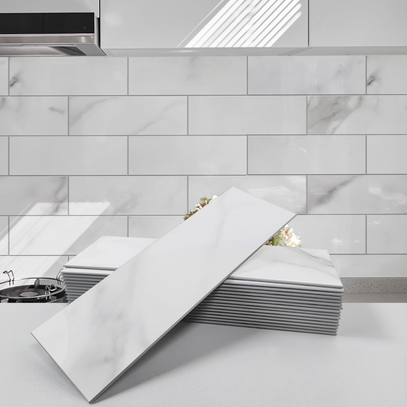 Avant Decor | 24 Stone Composite Subway Texture Tiles | Peel and Stick Kitchen Backsplash | 4" x 12" | Bex Metro Glossy Alpine | 8 sqft