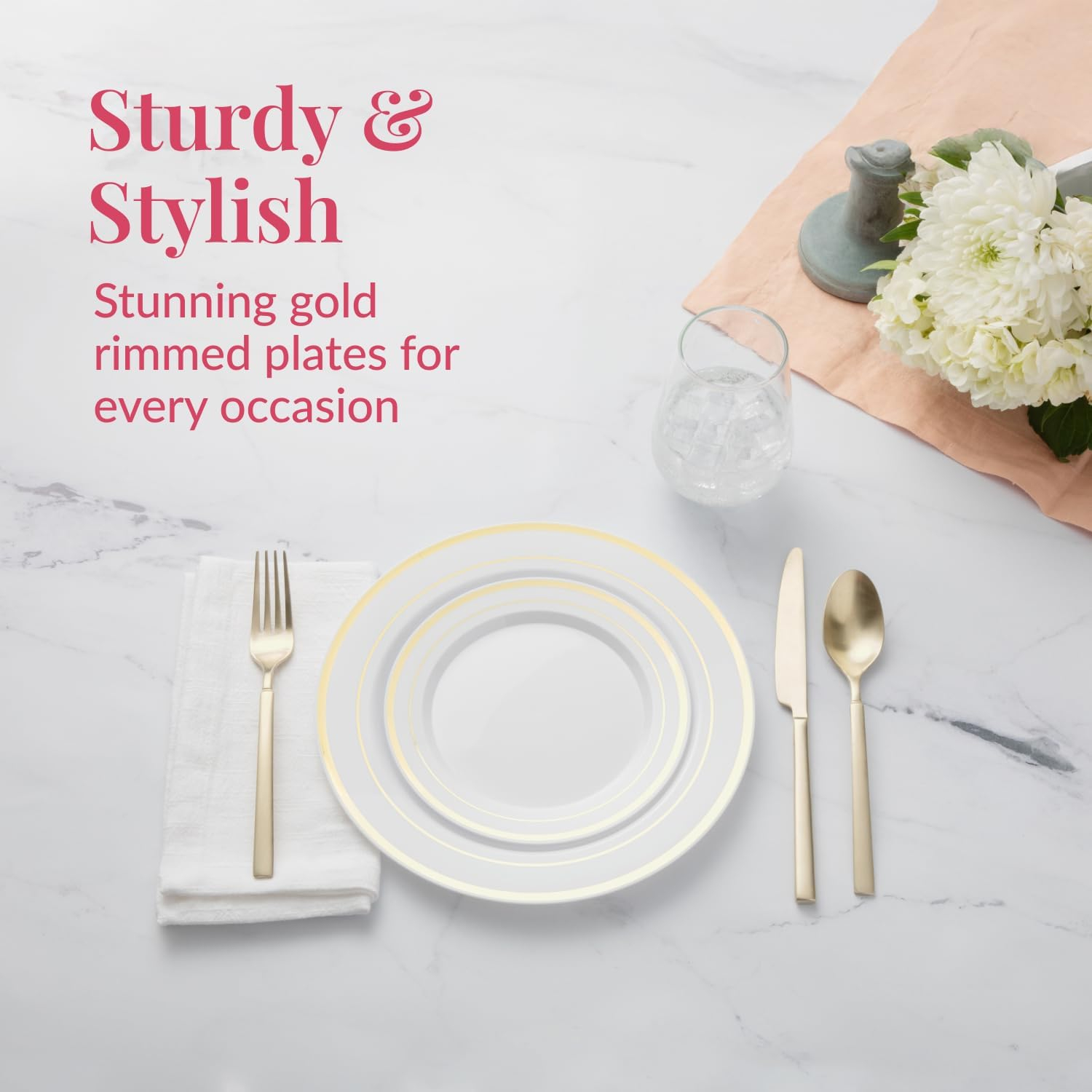 RAPTIZ 200Pc Gold Disposable Plates Set – 100 Dinner And 100 Salad Plates, White With Gold Rim – Heavy-Duty Plastic Plates For Party, Wedding, Holiday, Appetizer And Dessert