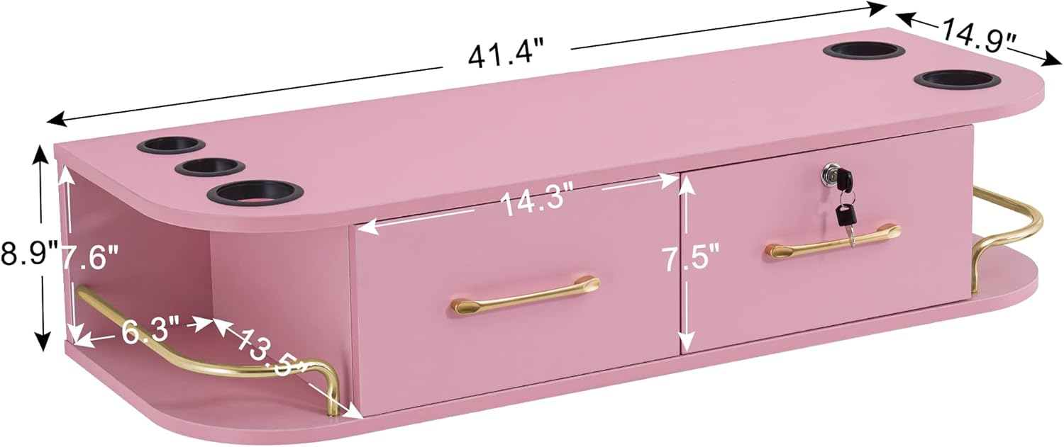 Pink Particle Board Wall Mount Styling Station with Gold Accents