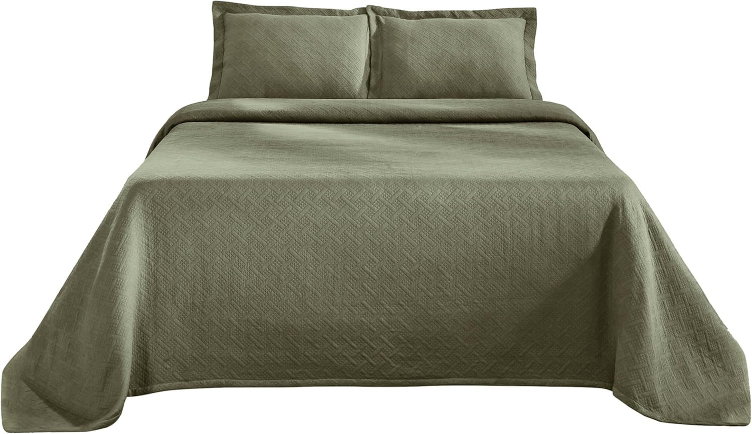 Superior Basketweave Cotton Decorative Bedspread and Sham Set, King, Sage