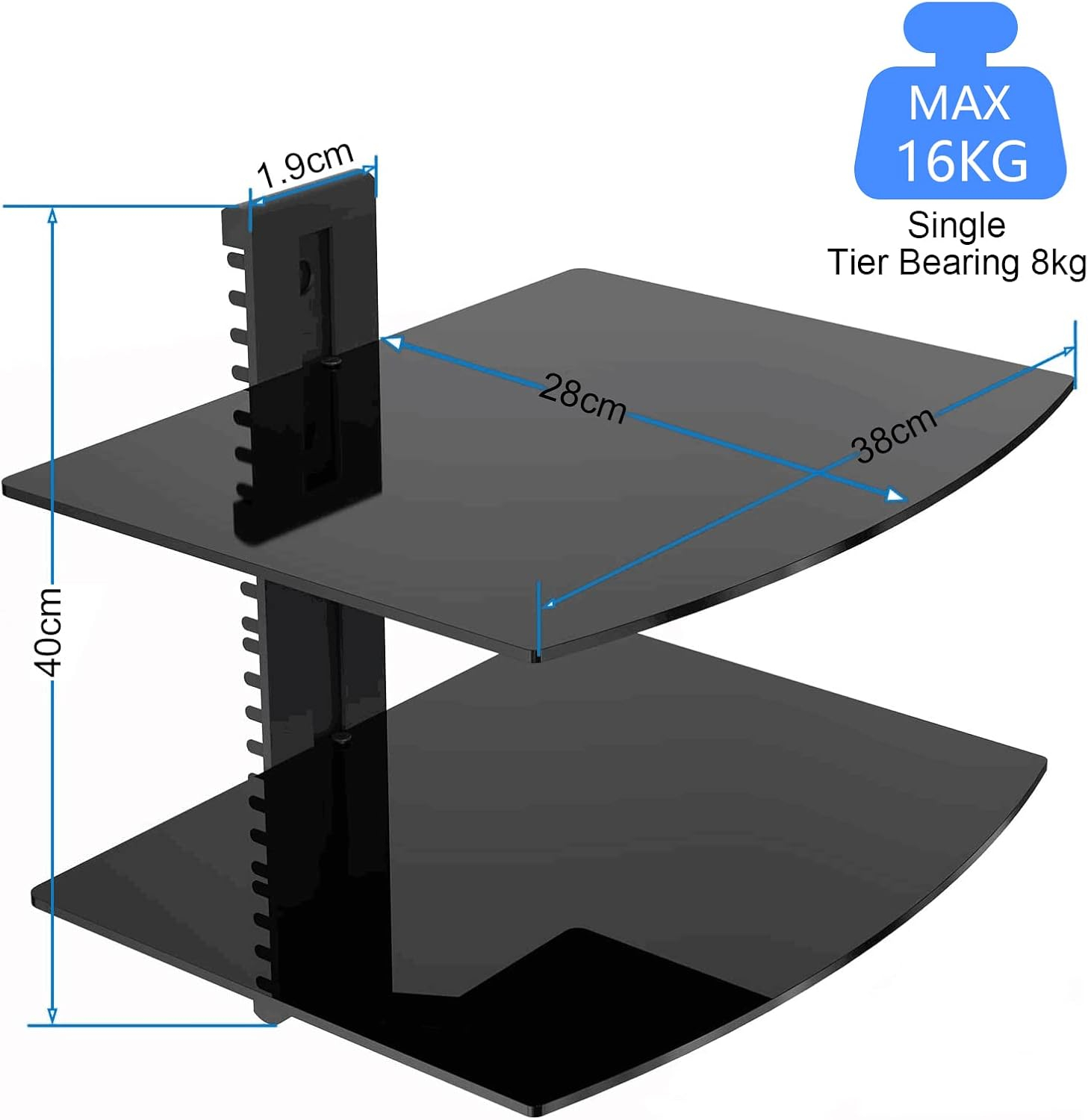 Suptek Glass Floating Shelves, TV Wall Mount with Shelf for DVD Player / PS4 / Cable Boxes/Game Consoles/Sky Box/TV Accessories, Flat Black 2-Tier Wall Mount Bracket
