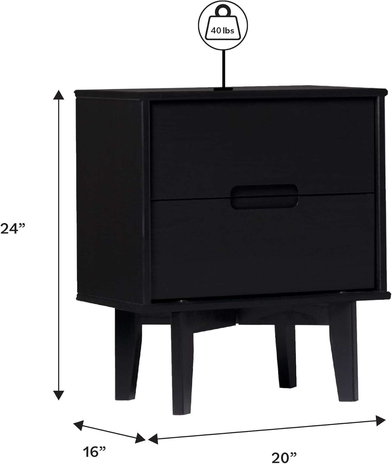 Black Solid Wood 2-Drawer Nightstands Set of 2