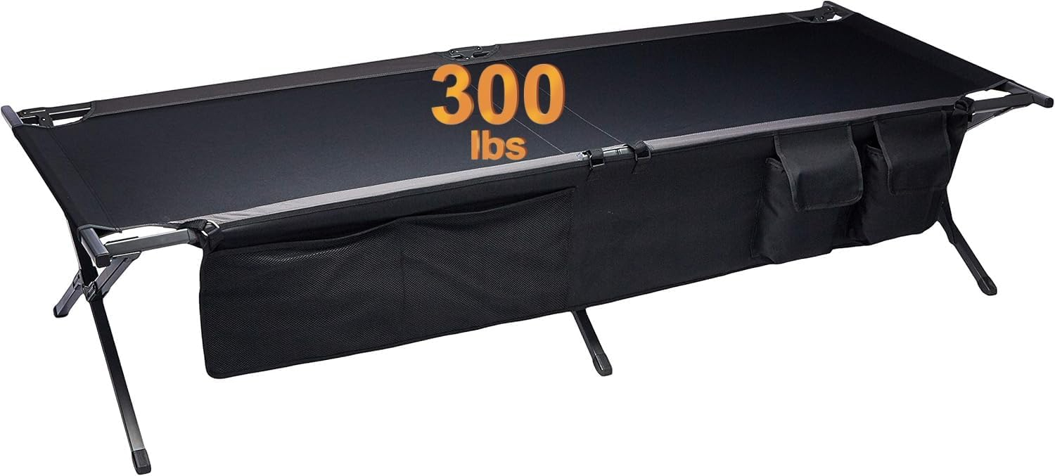 PORTAL Folding Portable, Guest Carry Bag and Side Storage Organizer, Camping Adults Away Tent Sleeping Cot Bed, Supports 300 LBS, Black