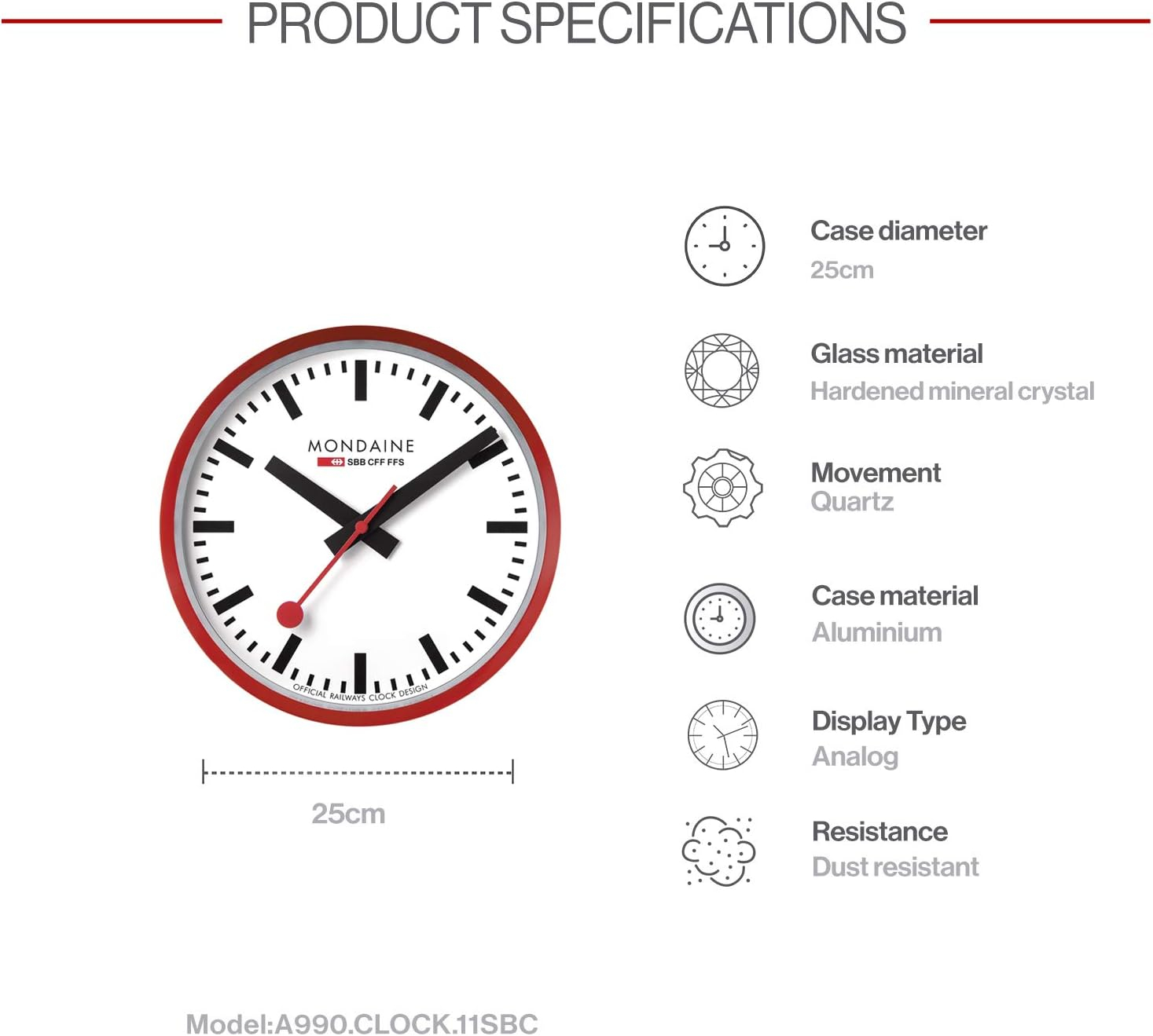 Mondaine - Wall Clock A990.Clock.11SBC 25cm - Official Swiss Railways Clock - Red Second Hand Red Aluminium Casing - Dust Resistant Wall Clocks - Made in Switzerland