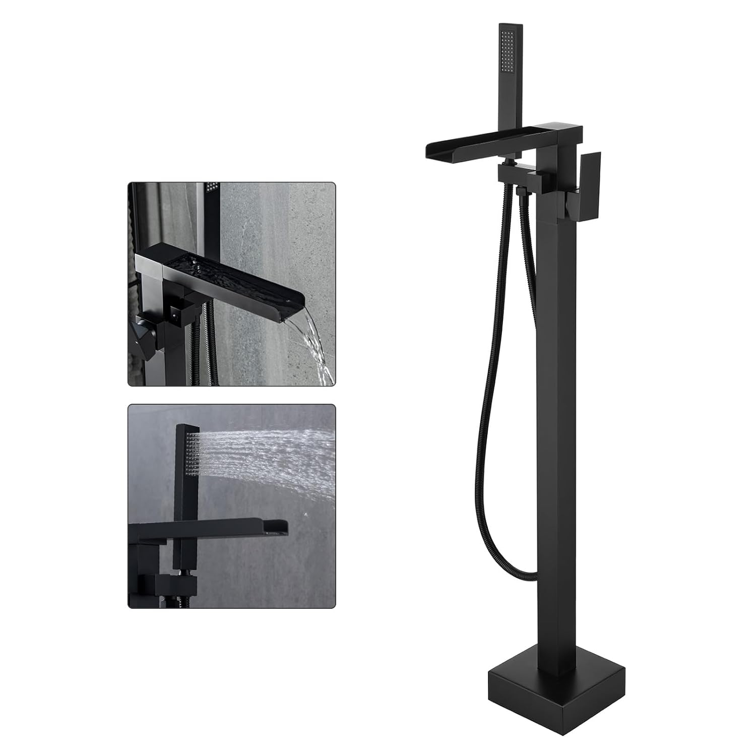 Freestanding Bathtub Faucet Matte Black Waterfall Bathtub Faucet Floor Mount Tub Filler Single Handle Bathtub Shower Faucets with Hand Shower Swivel Spout Brass Mixer Tap by BWE