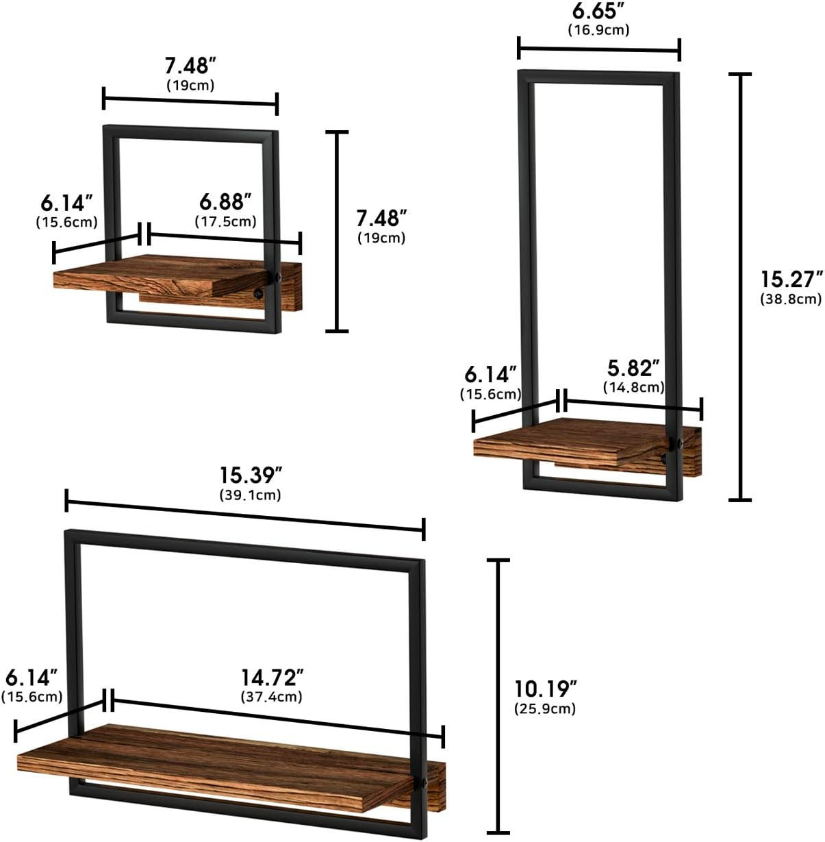 Metal Frame Rustic Wooden Floating Hanging Shelves, Home Decor Wall Mounted Display Organizing Shelf for Living Room, Bedroom, Office Bathroom. Set of 3