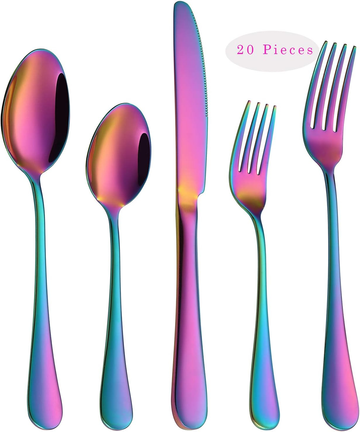 VANDBAO Rainbow Flatware Cutlery Silverware Set 20 Pieces, Stainless Steel Colorful Utensils, Tableware Set Service for 4, Include Knife/Fork/Spoon, Reusable, Mirror Polished, Dishwasher Safe C45