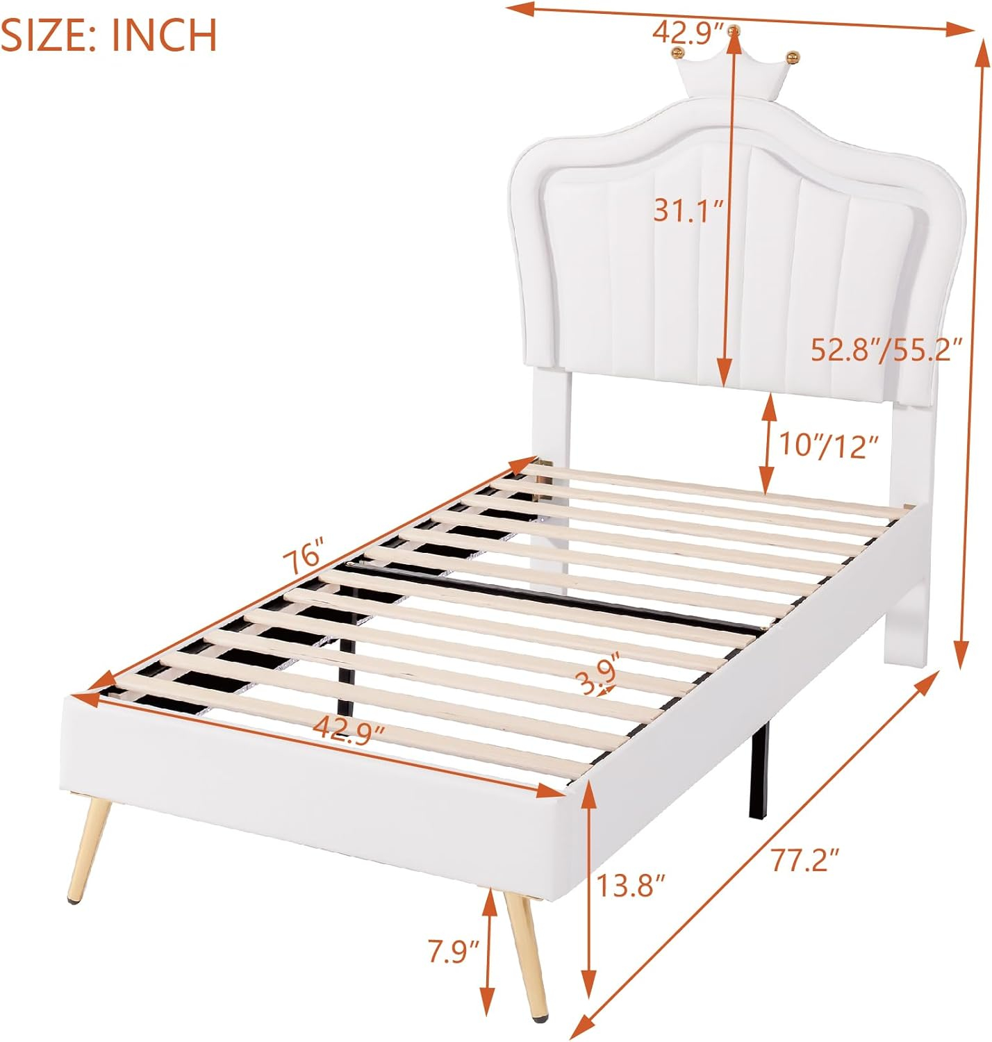 Upholstered Princess Platform Bed, Twin Size With Adjustable Crown Shaped Headboard and LED Lights, Kids Bedroom Furniture (White)