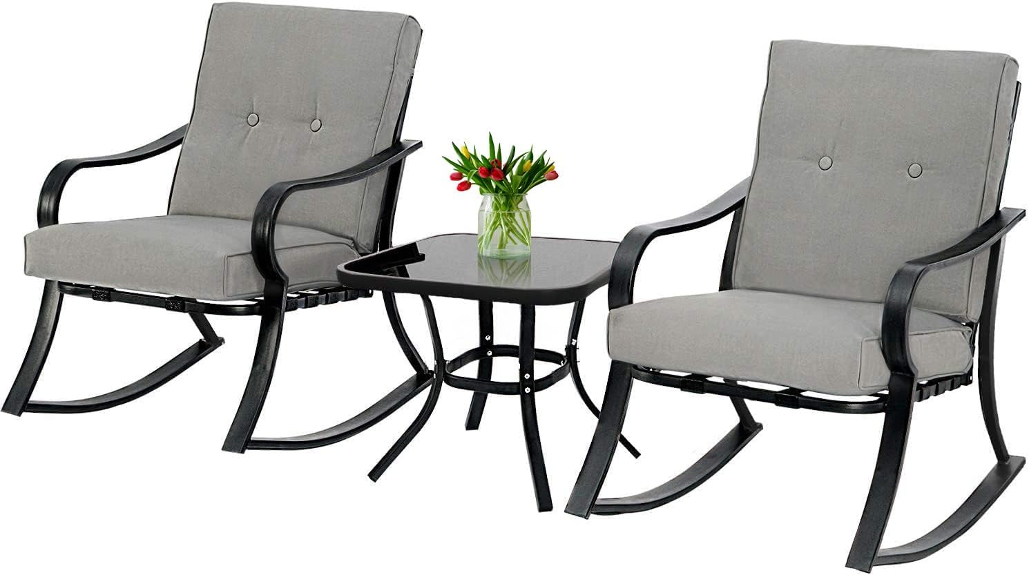 Crownland Outdoor Rocking Chairs Patio Furniture 3 Piece Patio Set Bistro Table Set Black Iron with Thickened Cushions and Glass Coffee Table, Grey