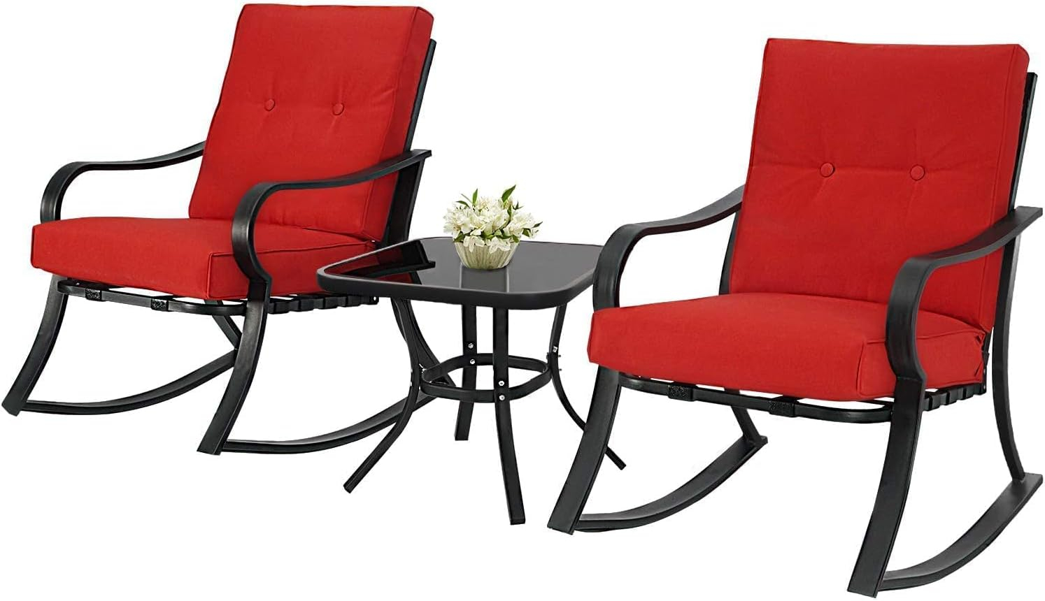 Outdoor 3-Piece Rocking Chairs, Patio Bistro Furniture Set, 2 Black Steel Rocking Chairs with Cushion and Glass Top Coffee Table (Red)