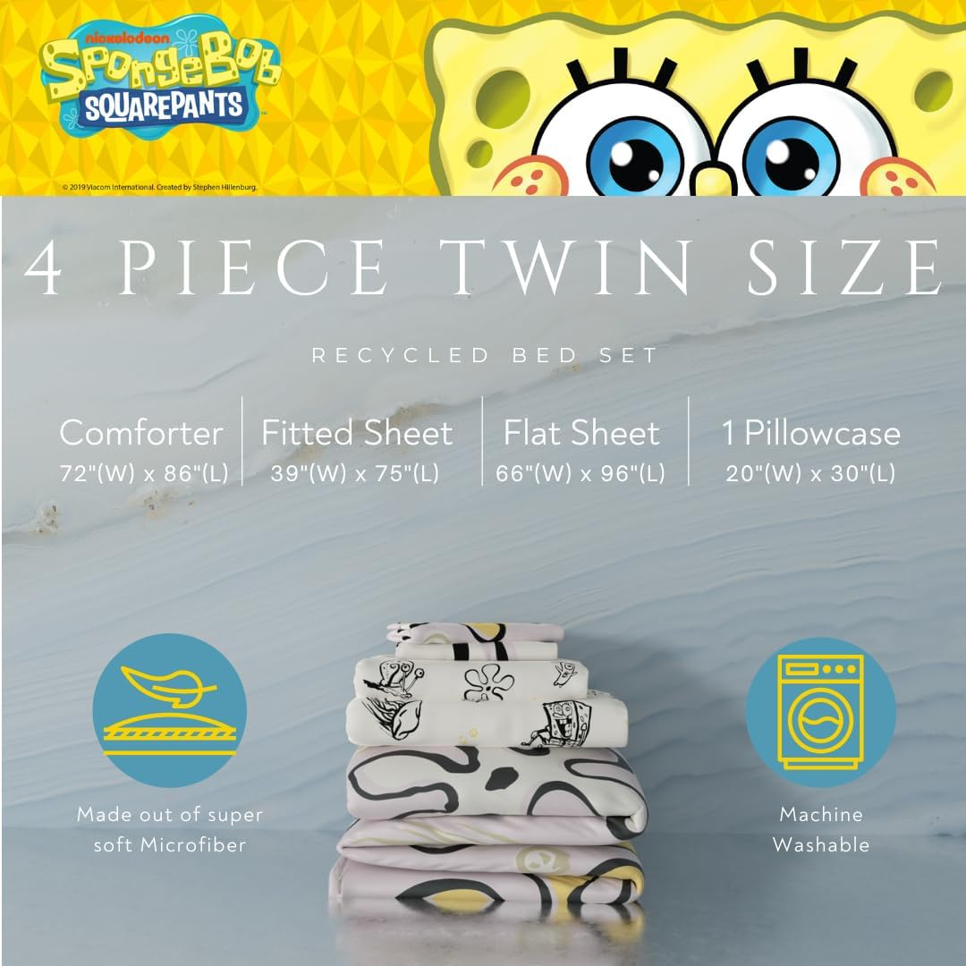 SpongeBob SquarePants Twin Bed-in-a-Bag, 4-Piece, Recycled Microfiber