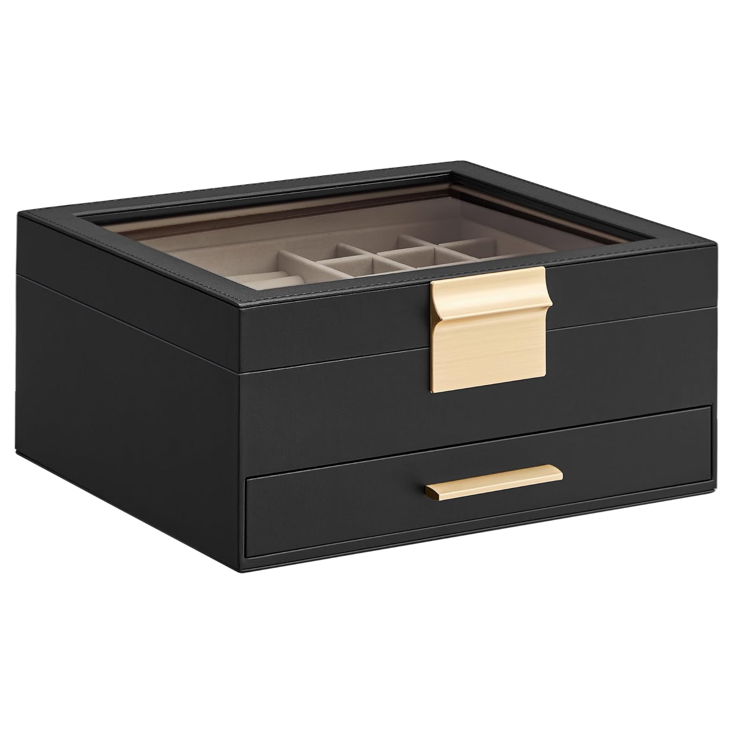 Graphite Black and Gold Velvet Jewelry Box with Glass Lid