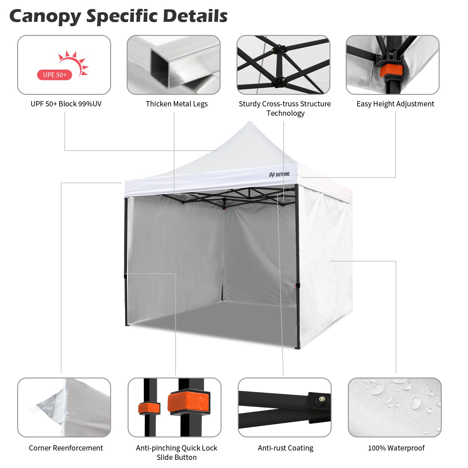 OUTFINE Heavy Duty Canopy 10x10 Pop Up Commercial Canopy Tent with 3 Side Walls Instant Shade, Bonus Upgrade Roller Bag, 4 Weight Bags, Stakes and Ropes (White, 10 * 10FT)
