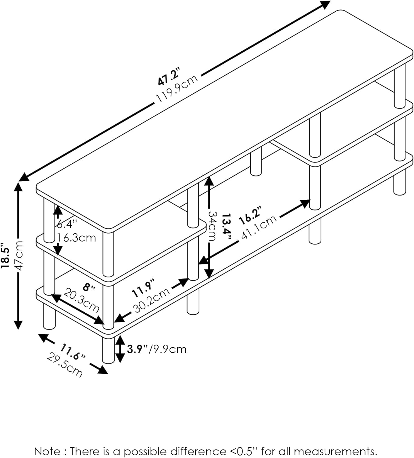 Furinno Turn-N-Tube 3-Tier Multipurpose Wide Shelf TV Stand, Espresso/Black