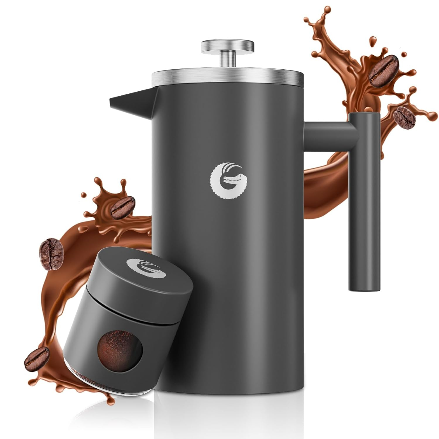 Gray Stainless Steel Thermal French Press Coffee Maker with Travel Jar