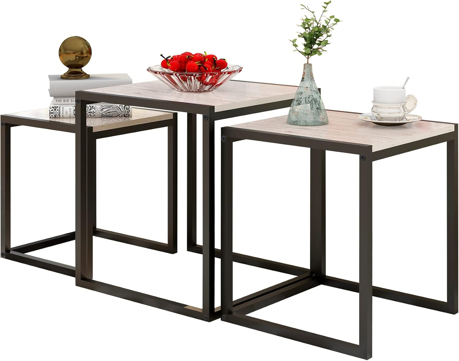 Nesting Table Set of 3 Side Tables, Modern Coffee Table Stacking End Table with Metal Frame，Oak