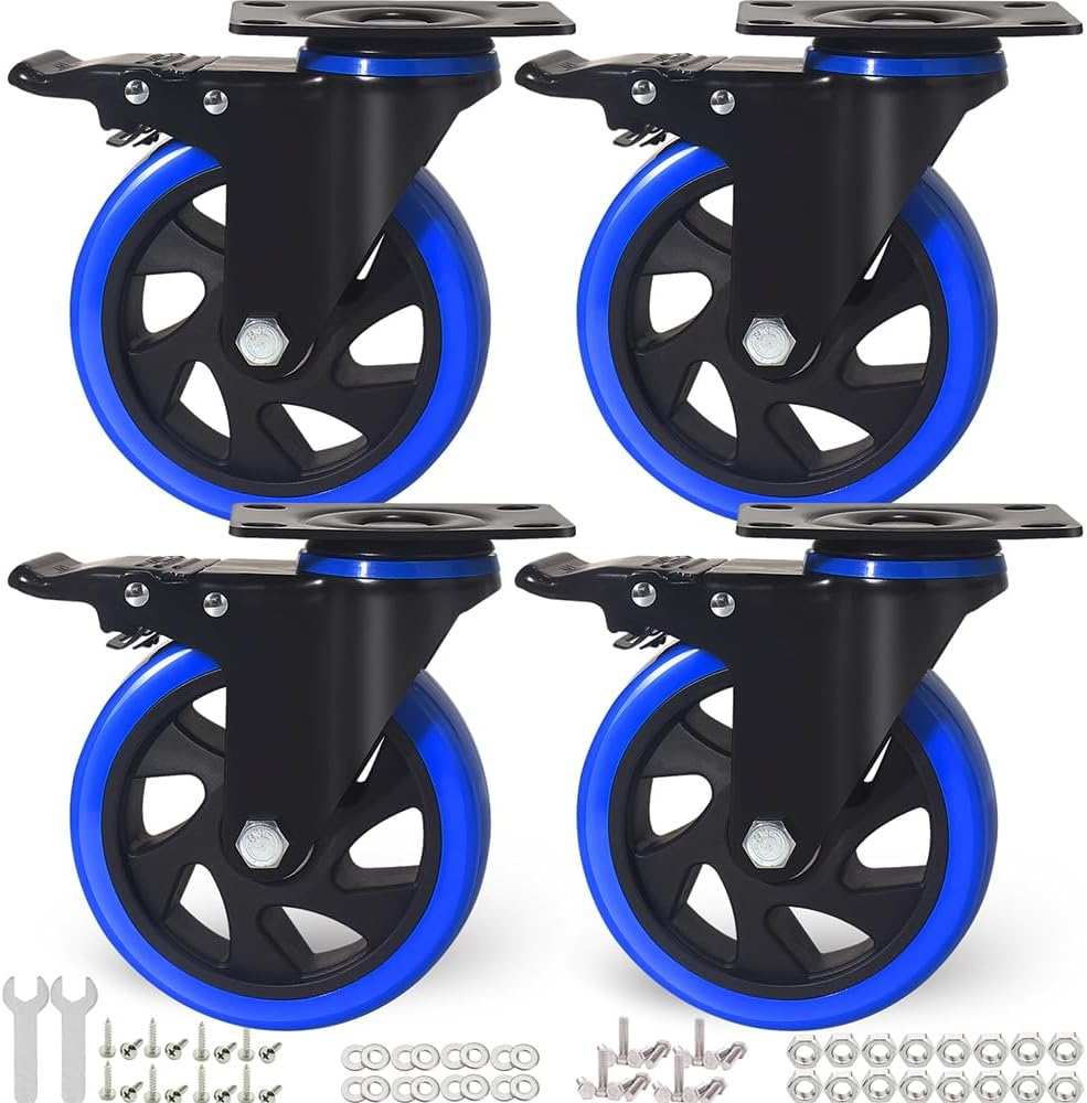 5 Inch Caster Wheels 2400Lbs, Castors Set of 4, Heavy Duty Casters with Brake, Safety Dual Locking Industrial Casters, No Noise Wheels with Polyurethane Foam (Two Hardware Kits Included)