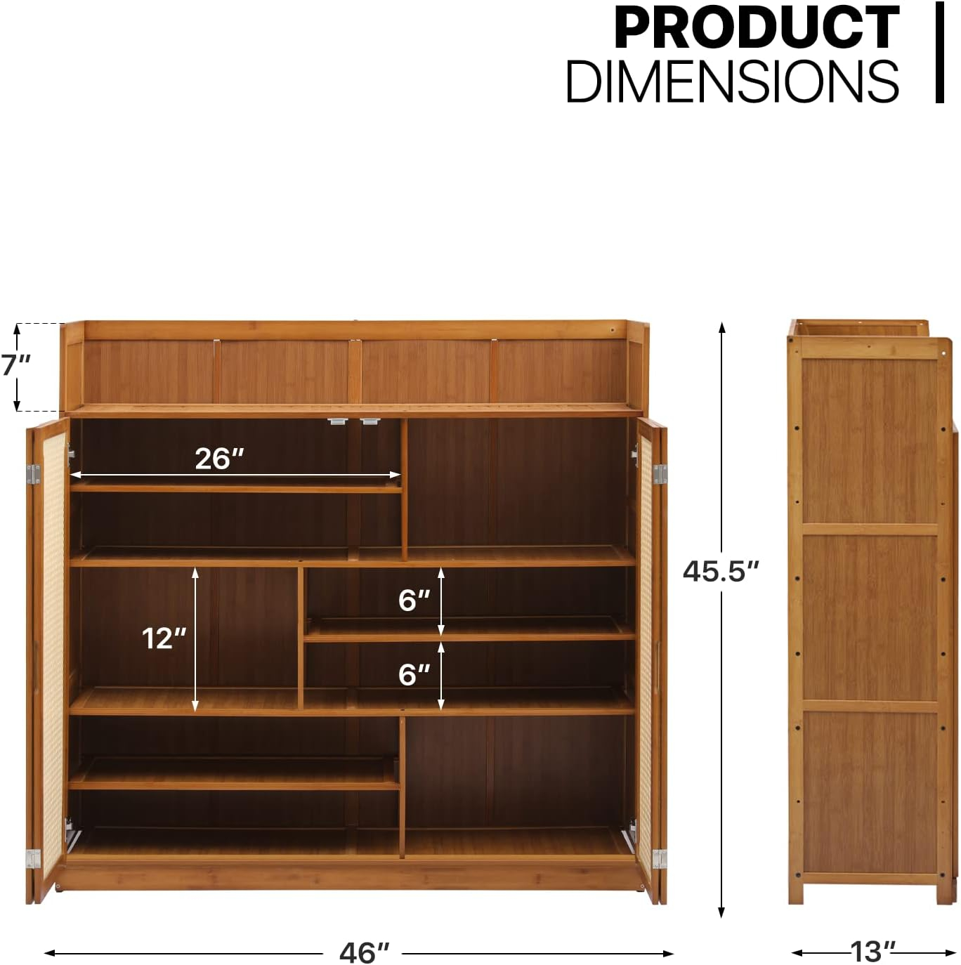 MoNiBloom Bamboo 30 Pairs Shoe Cabinet, 7-Tier Entryway Shoe Storage Cabinet with Foldable Rattan Doors and Boots Compartments, Shoe Rack Organizer For Hallway Living Room, Brown