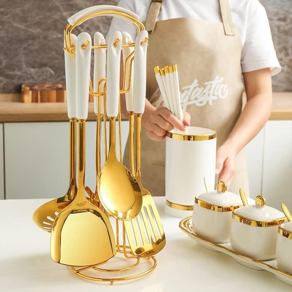 Lxmons Gold Stainless Steel Kitchen Utensil Set Cooking 7 Pcs Set with Hold,Include Spatulas,Soup spoons,Colander