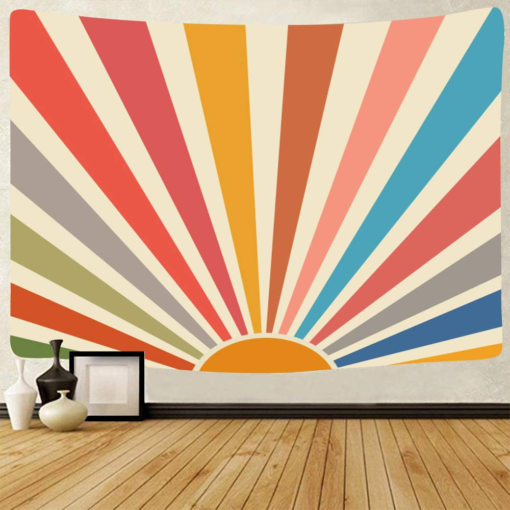 Vintage Sun Tapestry Bohemia Wall Hanging Retro 70s Rainbow Sunrise Sunset Geometric Grunge Abstract Art Print Hippie Decor for Dorm Nursery Bedroom