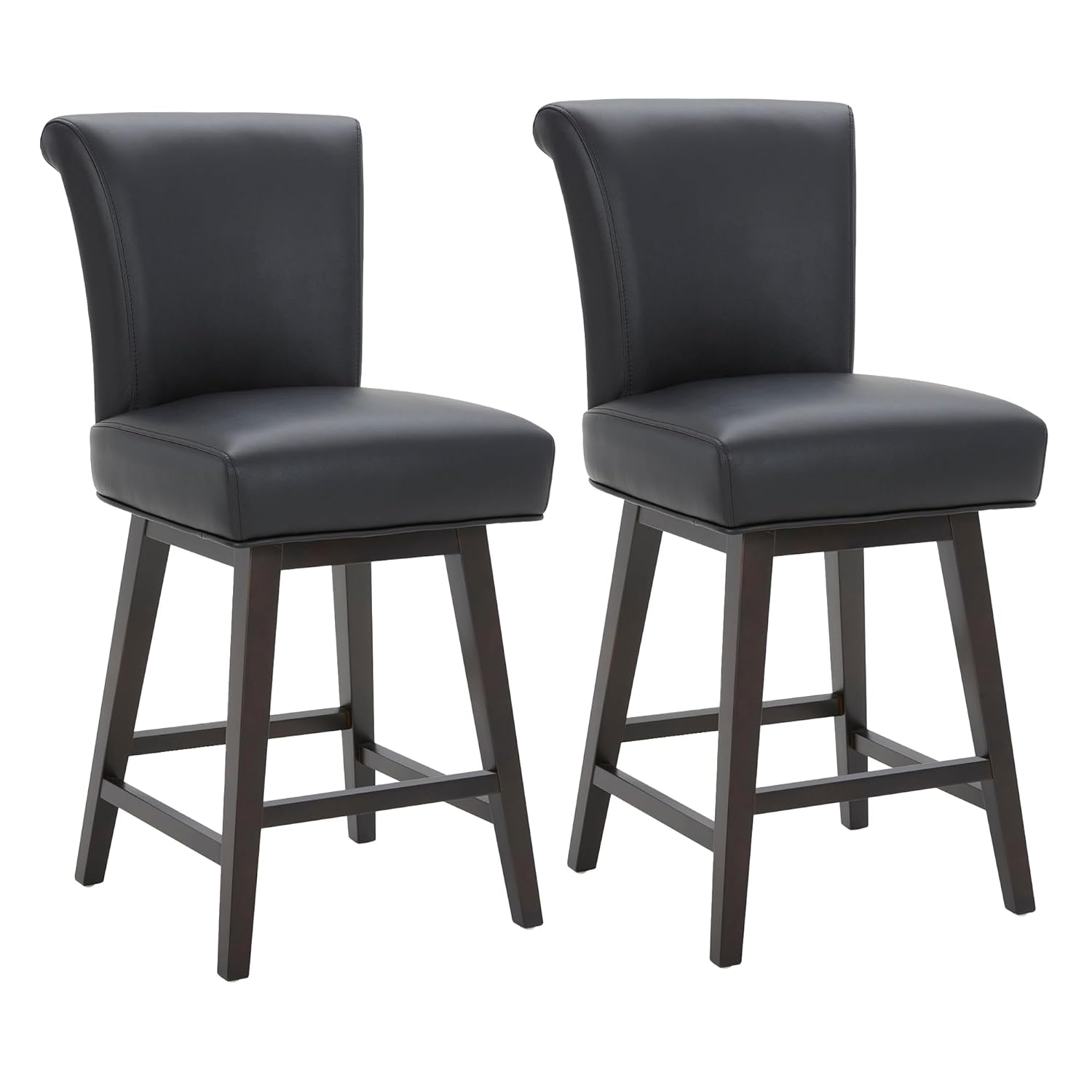CHITA 26 in Upholstered Swivel Counter Bar Stools with Back&Wood Legs Set of 2, Faux Leather in Black