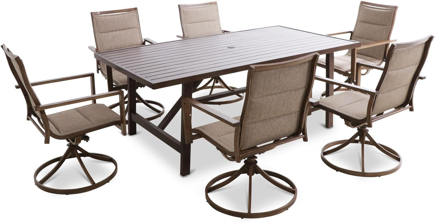 Mod Furniture Atlas 7-Piece Modern Outdoor Dining Set with 6 Swivel Padded Sling Chairs and Trestle Style Table, ATLASDN7PCSW6-TAN