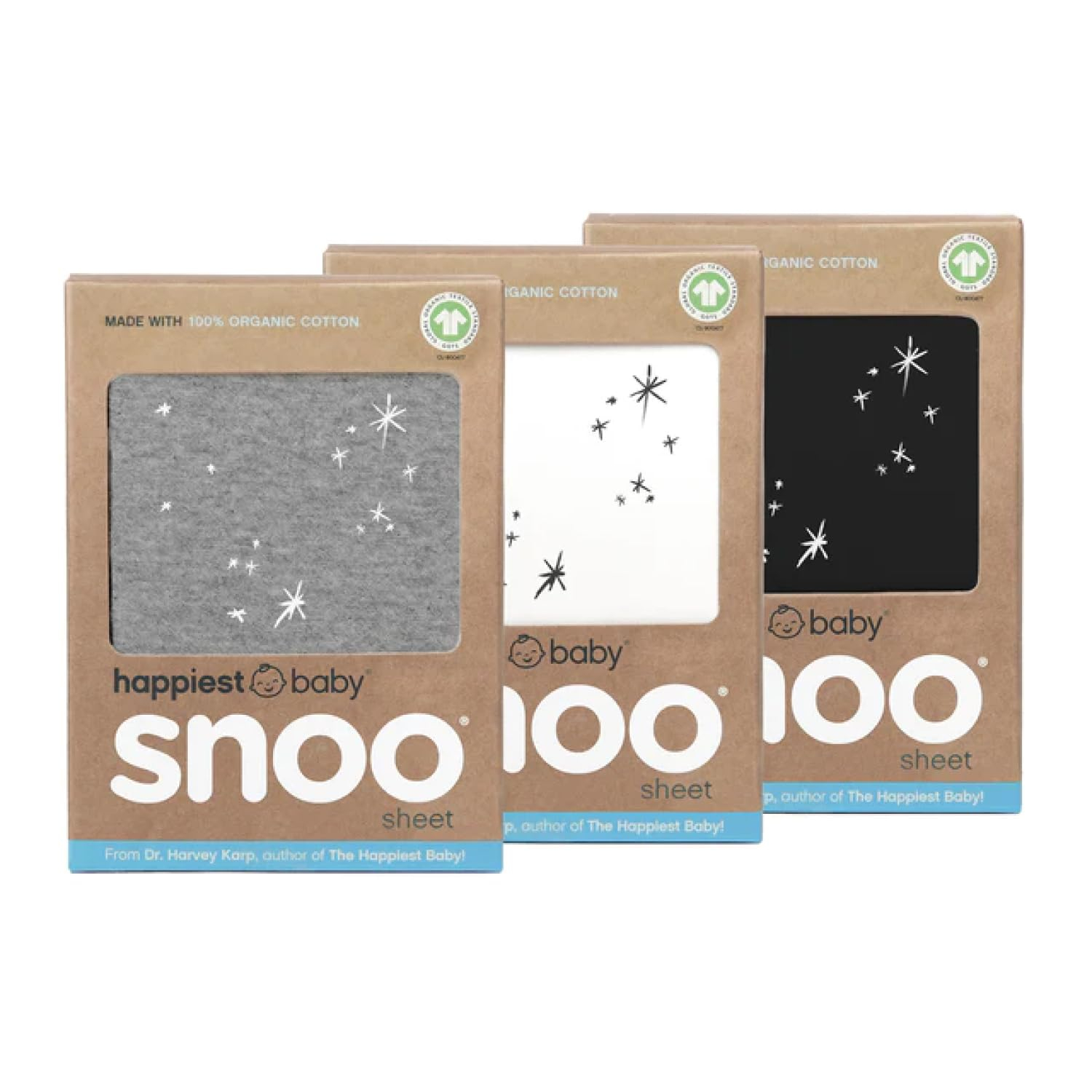 Happiest Baby SNOO Bassinet Fitted Sheet - 100% Organic Cotton Nursery Bedding - Fits SNOO Sleeper Crib Mattress - 3-Pack Bundle (White, Grey, Black)